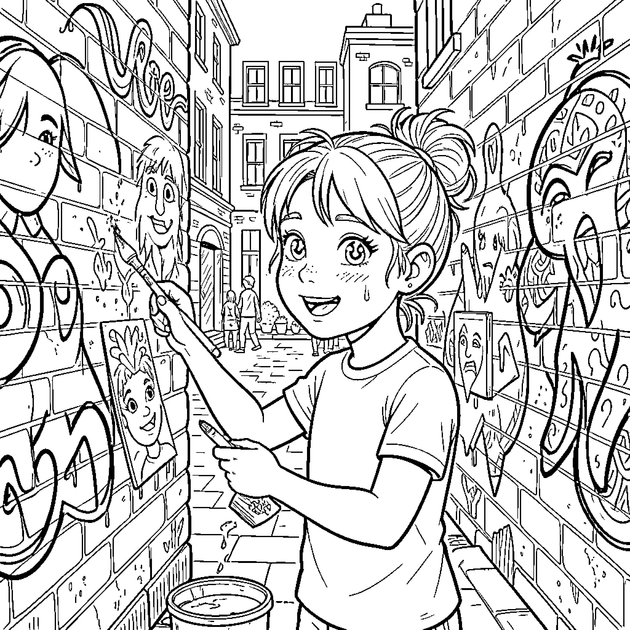 Lino exploring the colorful graffiti-covered alley Coloring Page (free black-and-white line drawing printable PDF for all, from beginners to advanced learners, including children, teens, adults, and seniors)