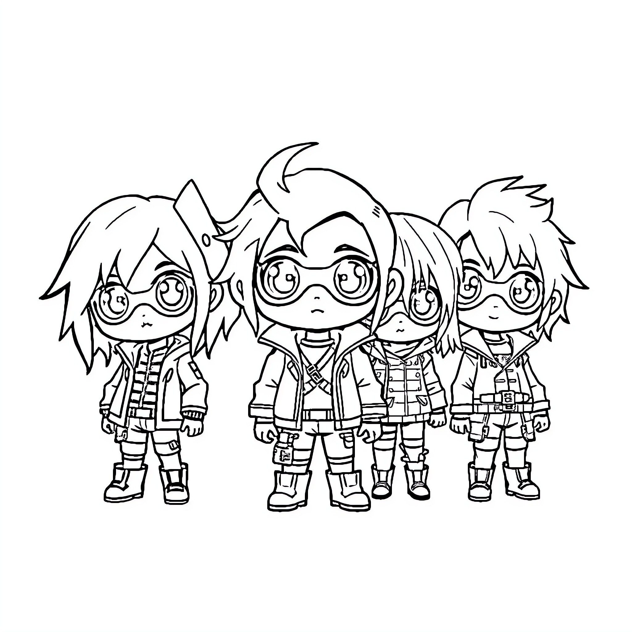 Cyberpunk group portrait of stylized characters Coloring Page (free black-and-white line drawing printable PDF for all, from beginners to advanced learners, including children, teens, adults, and seniors)
