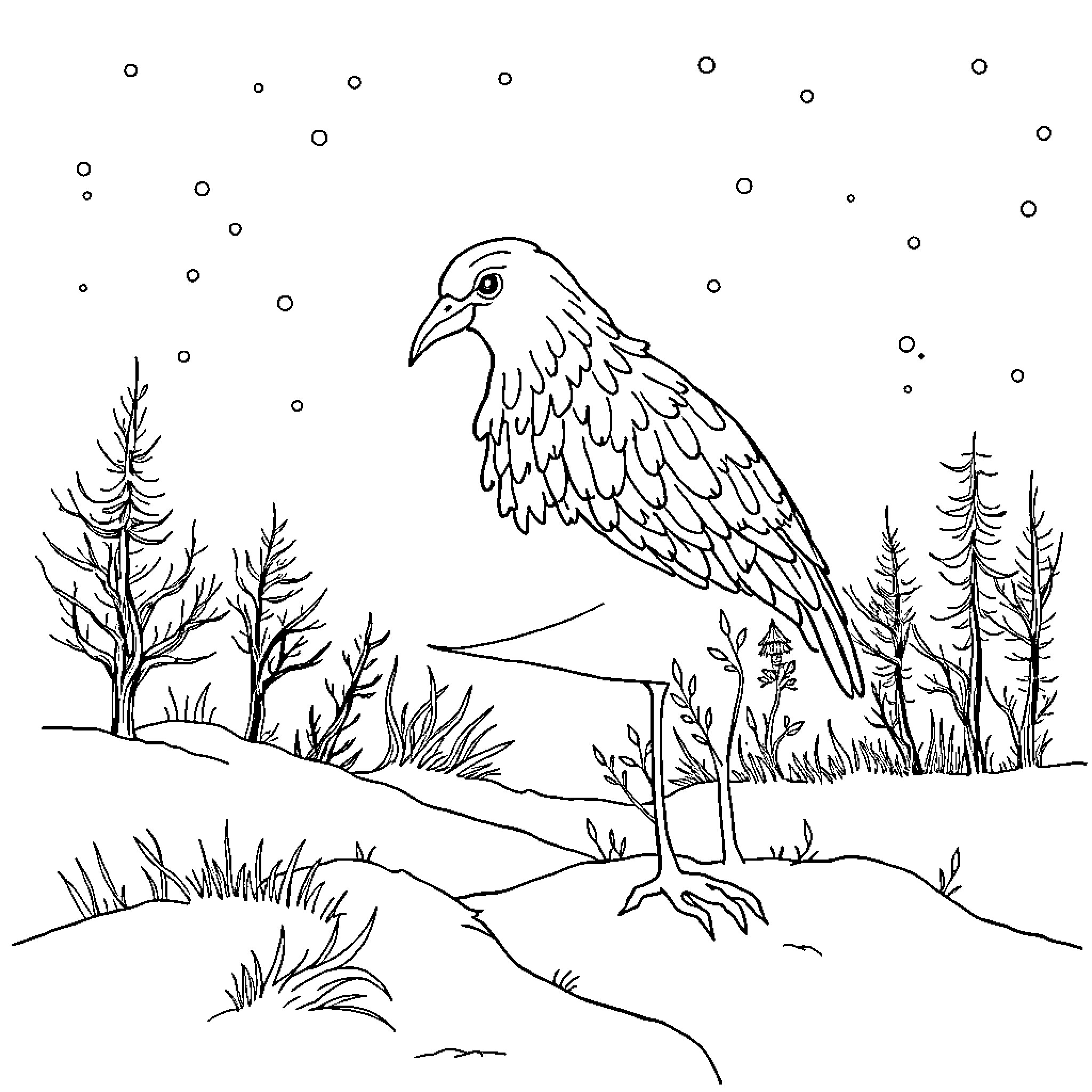 Unicorn bird exploring the snowy forest landscape Coloring Page (free black-and-white line drawing printable PDF for all, from beginners to advanced learners, including children, teens, adults, and seniors)