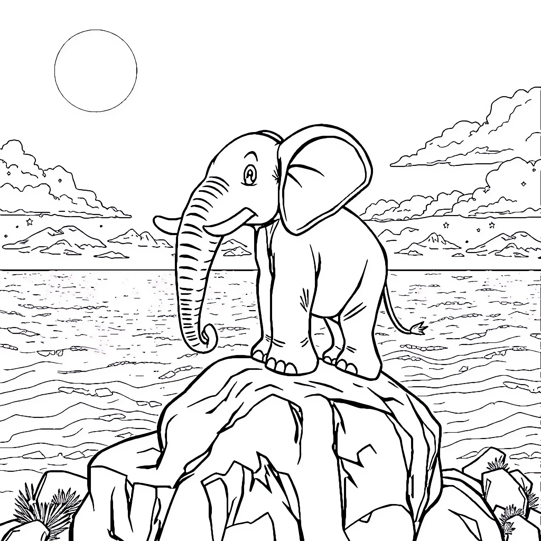 Elephant enjoying the scenic landscape Coloring Page (free black-and-white line drawing printable PDF for all, from beginners to advanced learners, including children, teens, adults, and seniors)