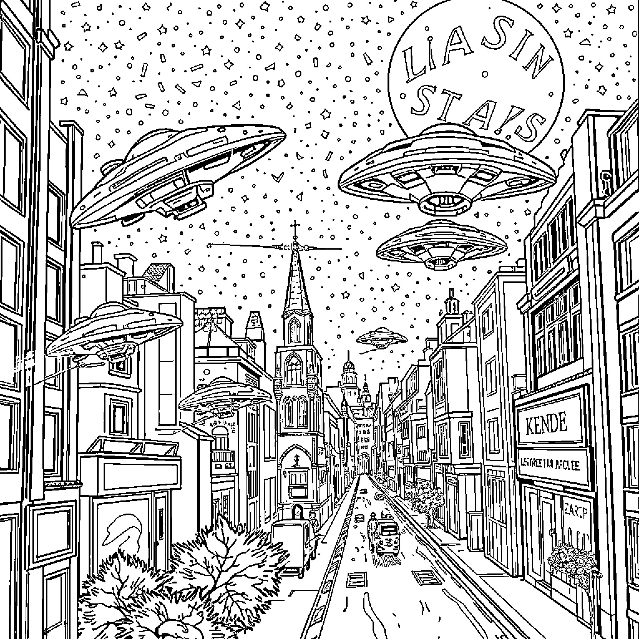 Extraterrestrial Invasion Over City Skyline Coloring Page (free black-and-white line drawing printable PDF for all, from beginners to advanced learners, including children, teens, adults, and seniors)