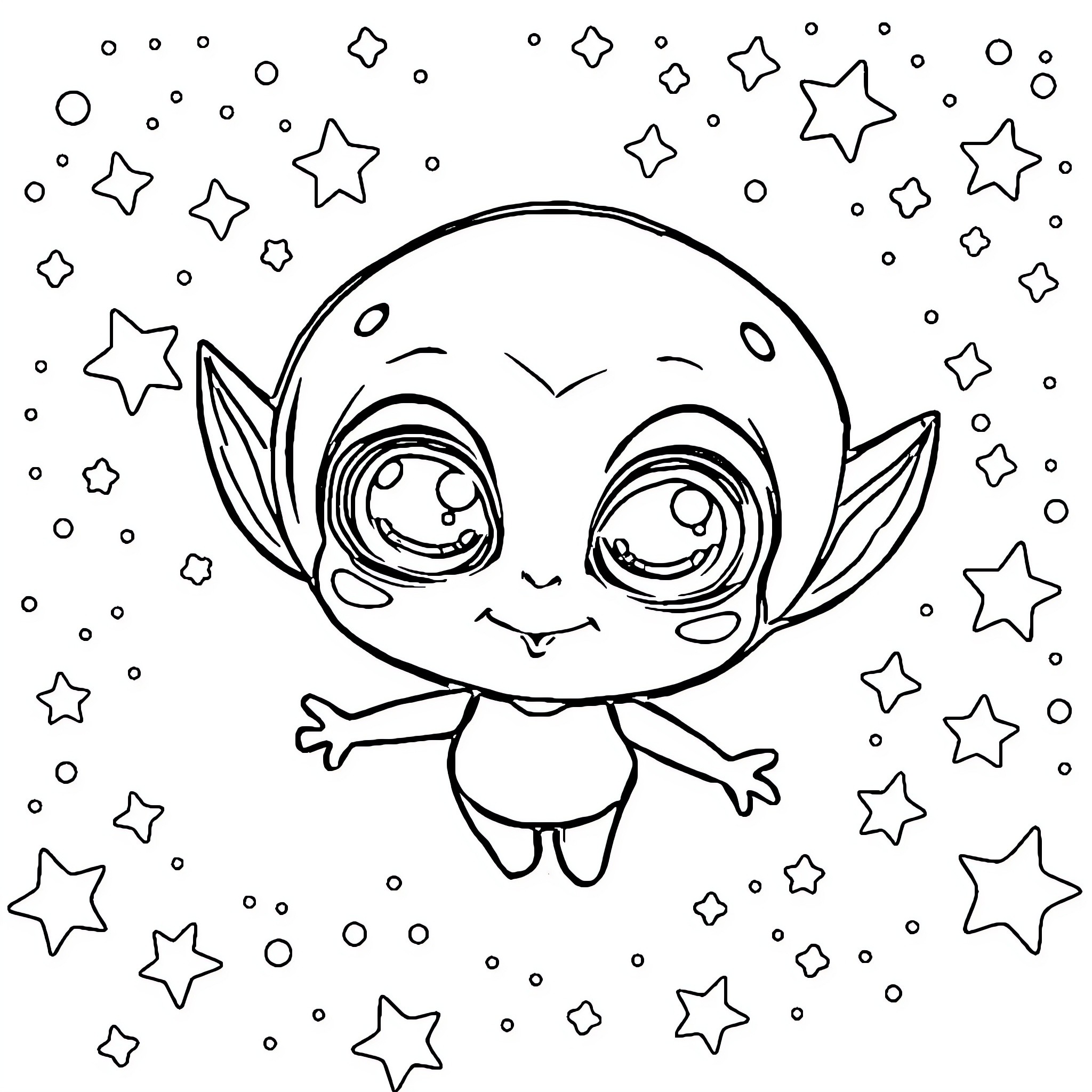 Alien creature dancing among the stars Coloring Page (free black-and-white line drawing printable PDF for all, from beginners to advanced learners, including children, teens, adults, and seniors)