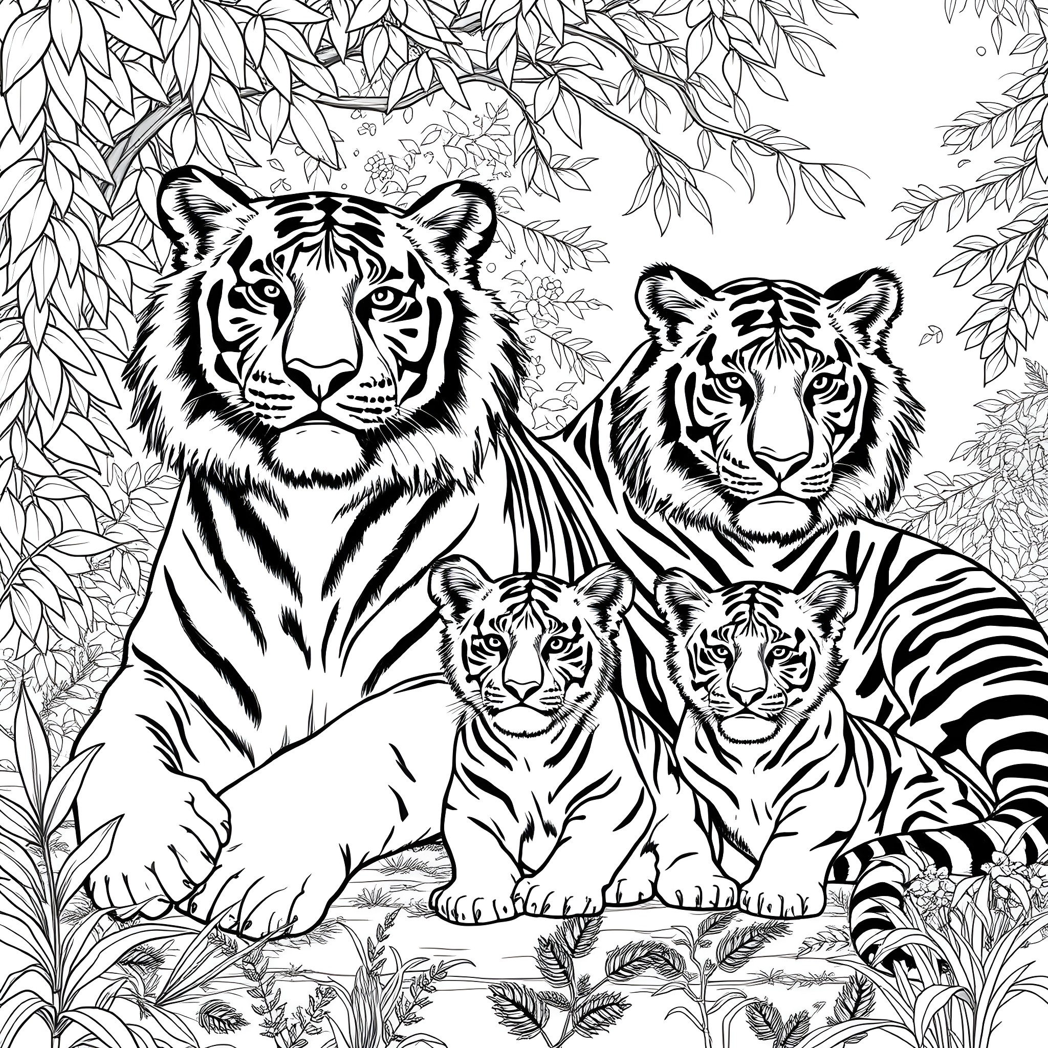 Tiger Family Resting in the Jungle Coloring Page (free black-and-white line drawing printable PDF for all, from beginners to advanced learners, including children, teens, adults, and seniors)