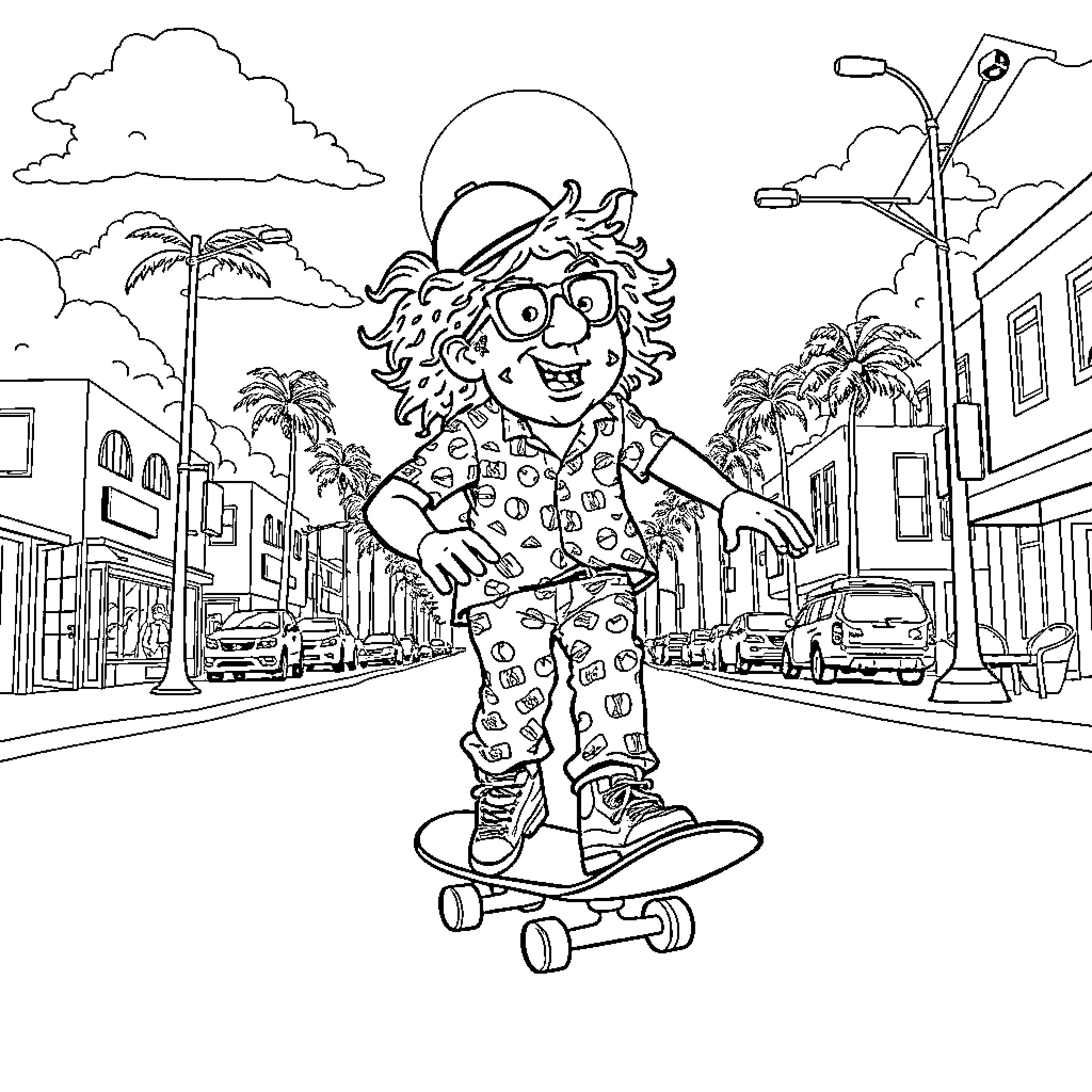 Weird Al Skateboarding in Eccentric Outfit Coloring Page (free black-and-white line drawing printable PDF for all, from beginners to advanced learners, including children, teens, adults, and seniors)