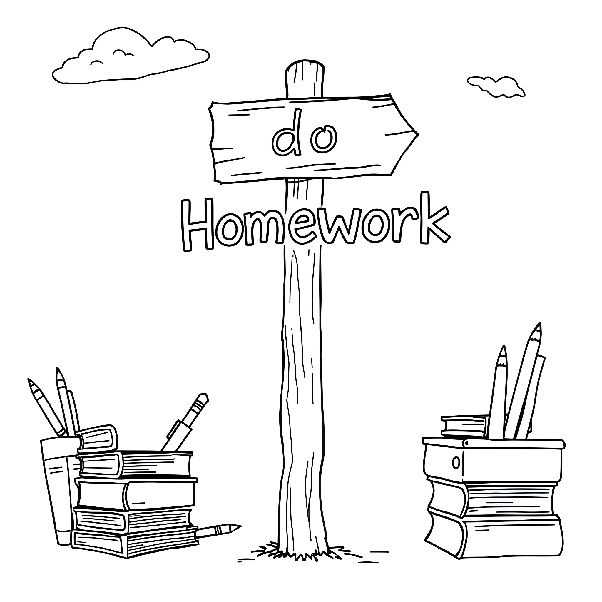 Sign for doing homework with school supplies Coloring Page (free black-and-white line drawing printable PDF for all, from beginners to advanced learners, including children, teens, adults, and seniors)