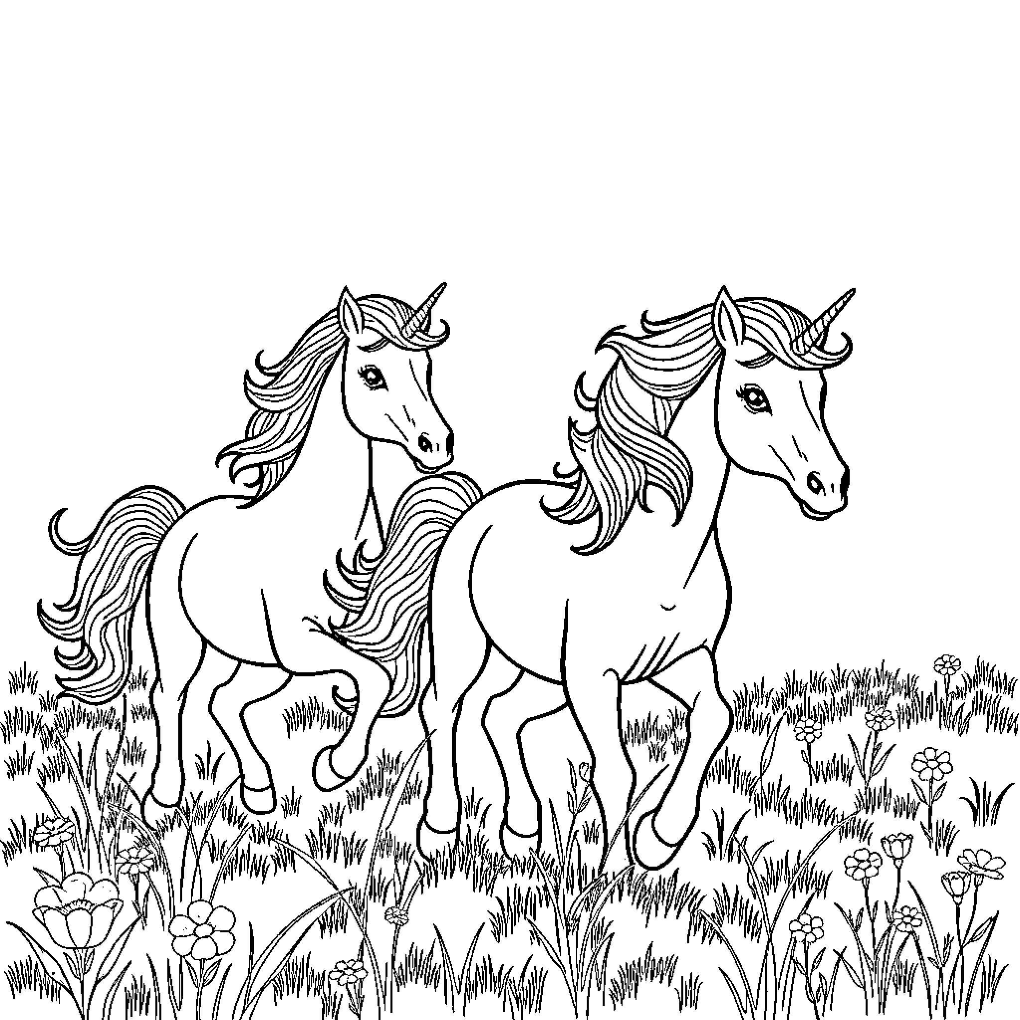 Unicorn pair galloping through field of flowers Coloring Page (free black-and-white line drawing printable PDF for all, from beginners to advanced learners, including children, teens, adults, and seniors)