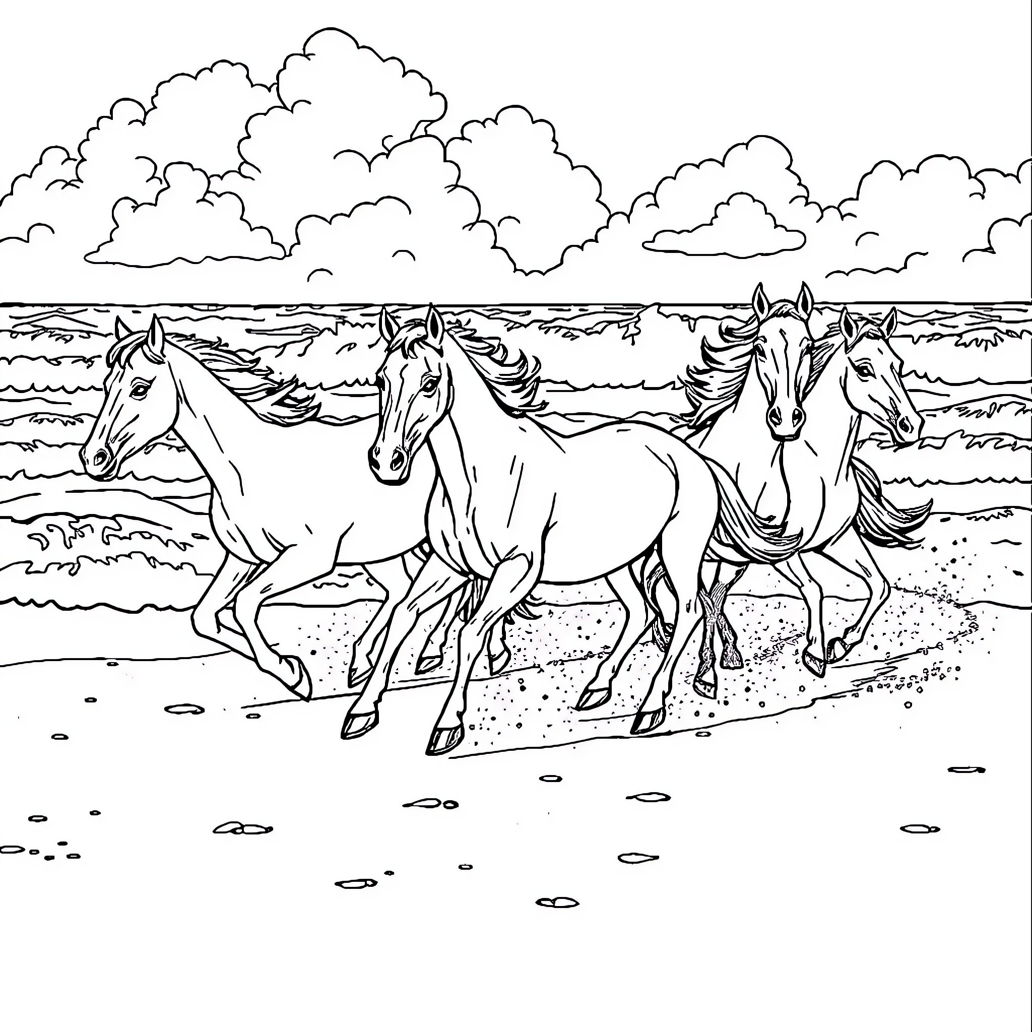 Horse Running Freely on the Beach Coloring Page (free black-and-white line drawing printable PDF for all, from beginners to advanced learners, including children, teens, adults, and seniors)