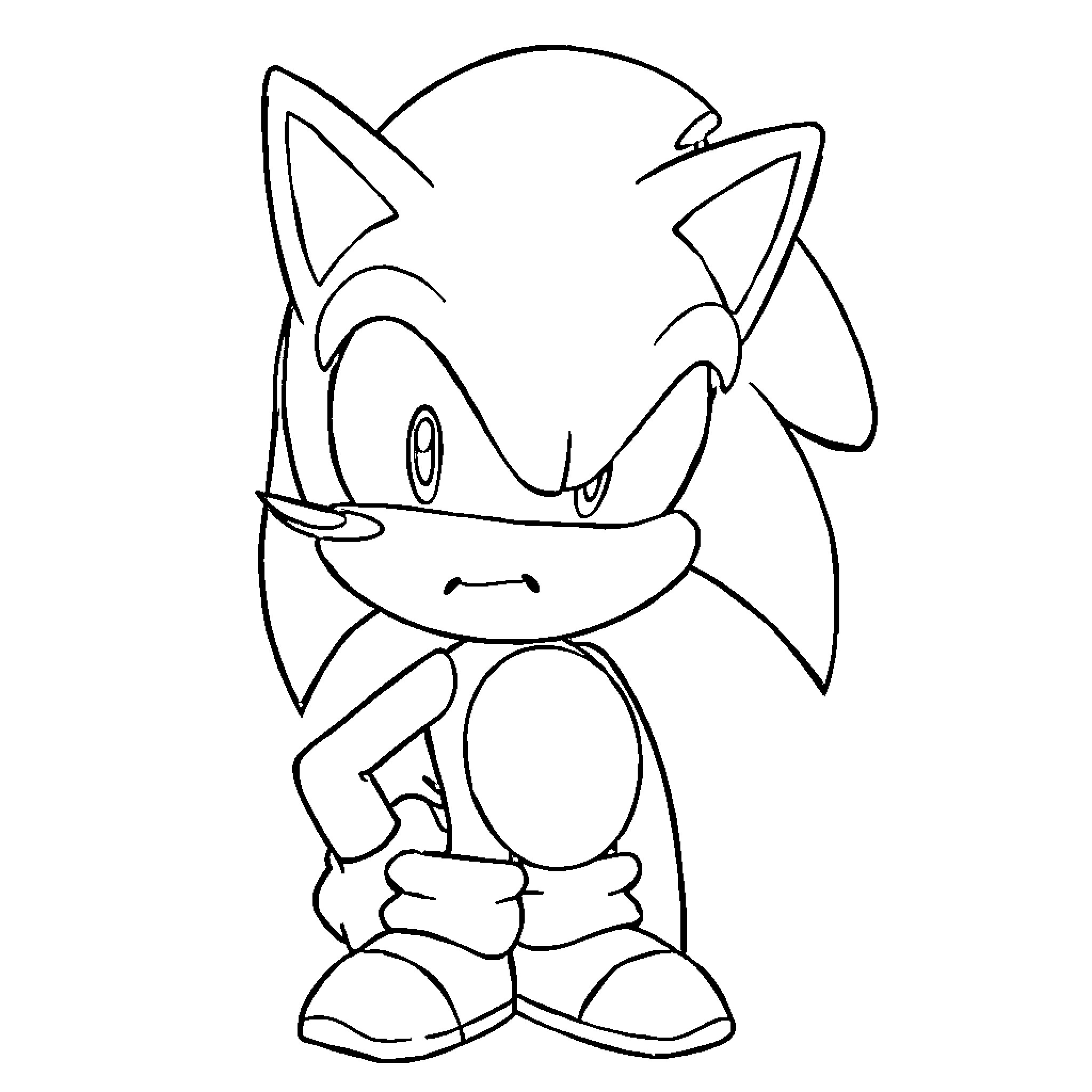 Sonic character posing confidently Coloring Page (free black-and-white line drawing printable PDF for all, from beginners to advanced learners, including children, teens, adults, and seniors)