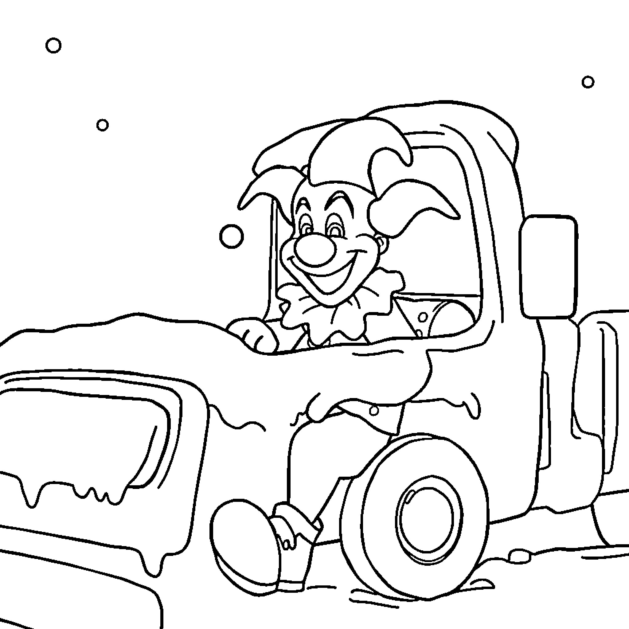 Clown riding cheerfully in a truck Coloring Page (free black-and-white line drawing printable PDF for all, from beginners to advanced learners, including children, teens, adults, and seniors)