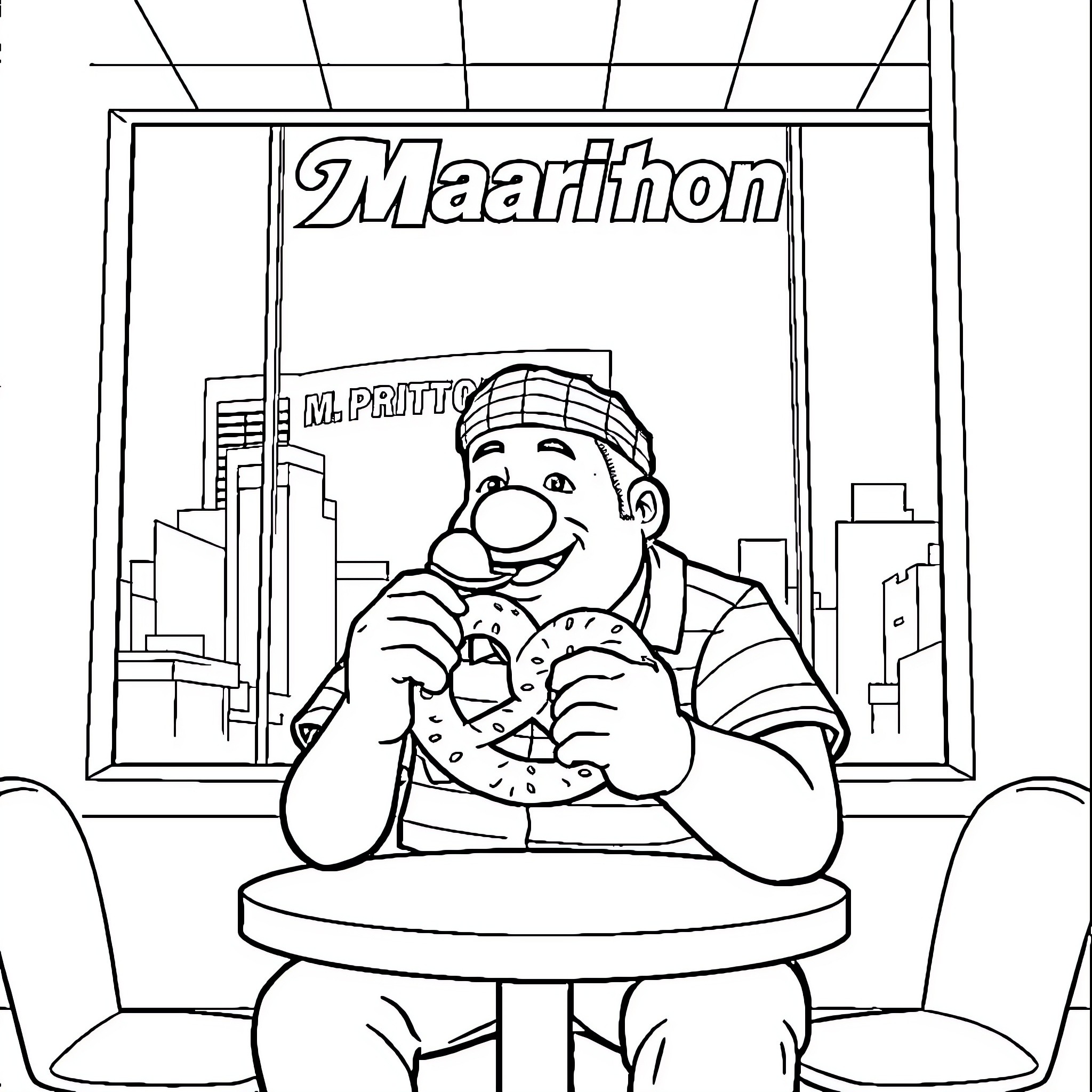 Prison Mike Enjoying a Doughnut at the Marathon Cafe Coloring Page (free black-and-white line drawing printable PDF for all, from beginners to advanced learners, including children, teens, adults, and seniors)