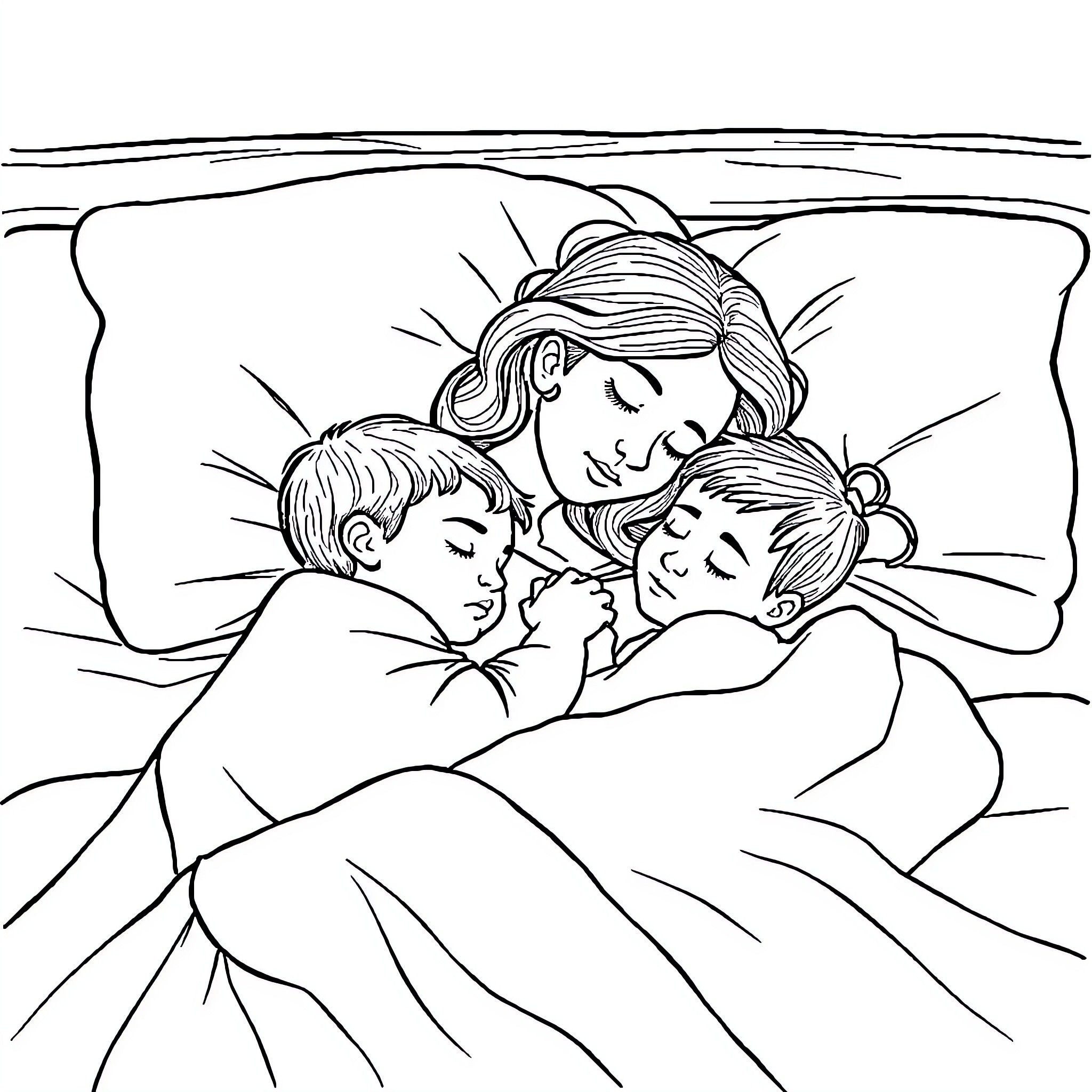 Mother comforting her sleeping children Coloring Page (free black-and-white line drawing printable PDF for all, from beginners to advanced learners, including children, teens, adults, and seniors)