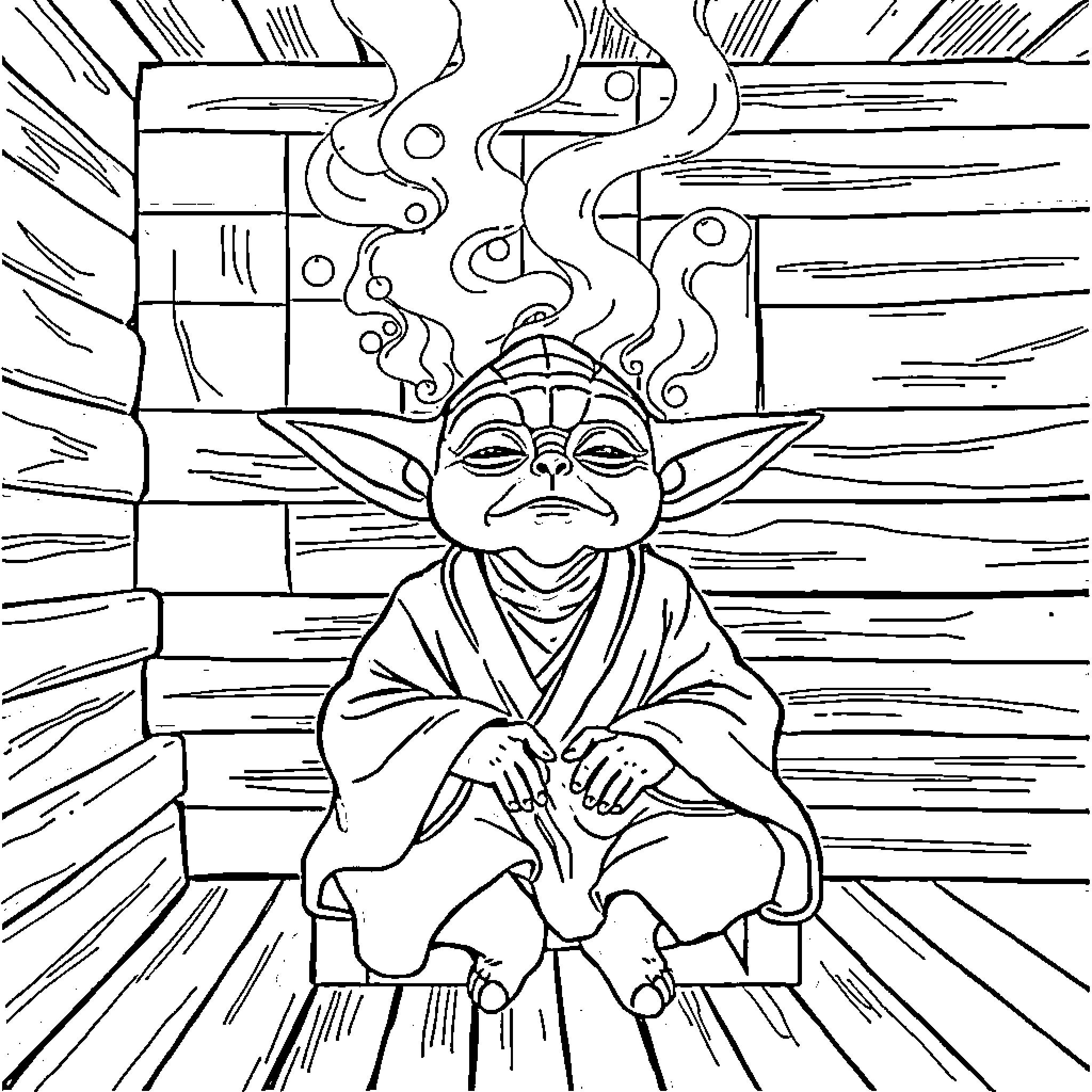 Yoda Meditating in Mystical Surroundings Coloring Page (free black-and-white line drawing printable PDF for all, from beginners to advanced learners, including children, teens, adults, and seniors)