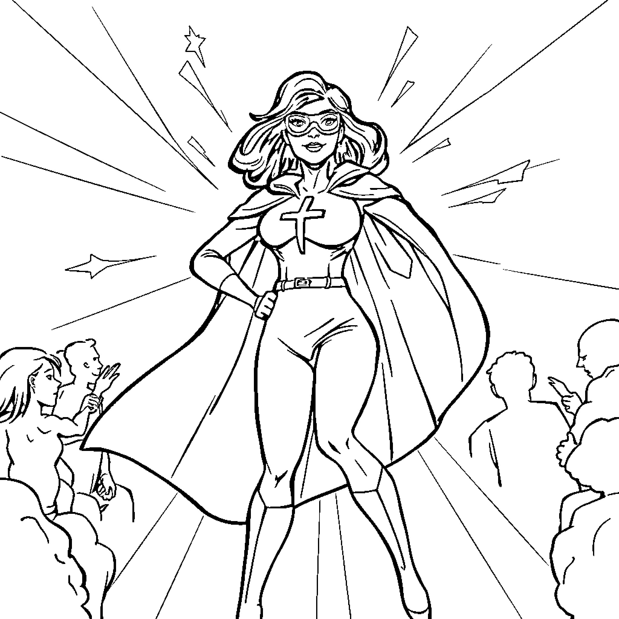 Superhero Heroine in Action with Crowd Coloring Page (free black-and-white line drawing printable PDF for all, from beginners to advanced learners, including children, teens, adults, and seniors)