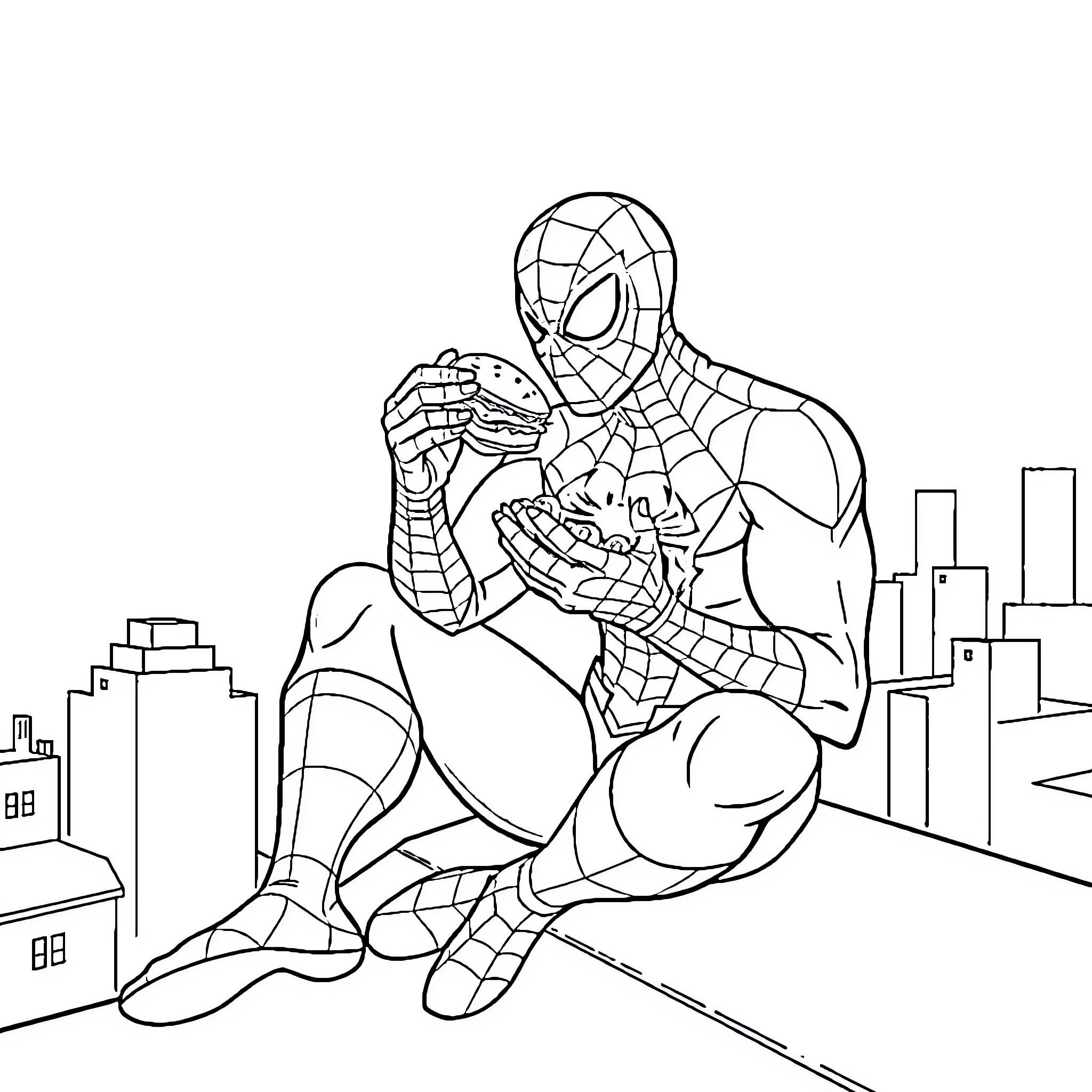 Spiderman swinging through the city skyline Coloring Page (free black-and-white line drawing printable PDF for all, from beginners to advanced learners, including children, teens, adults, and seniors)
