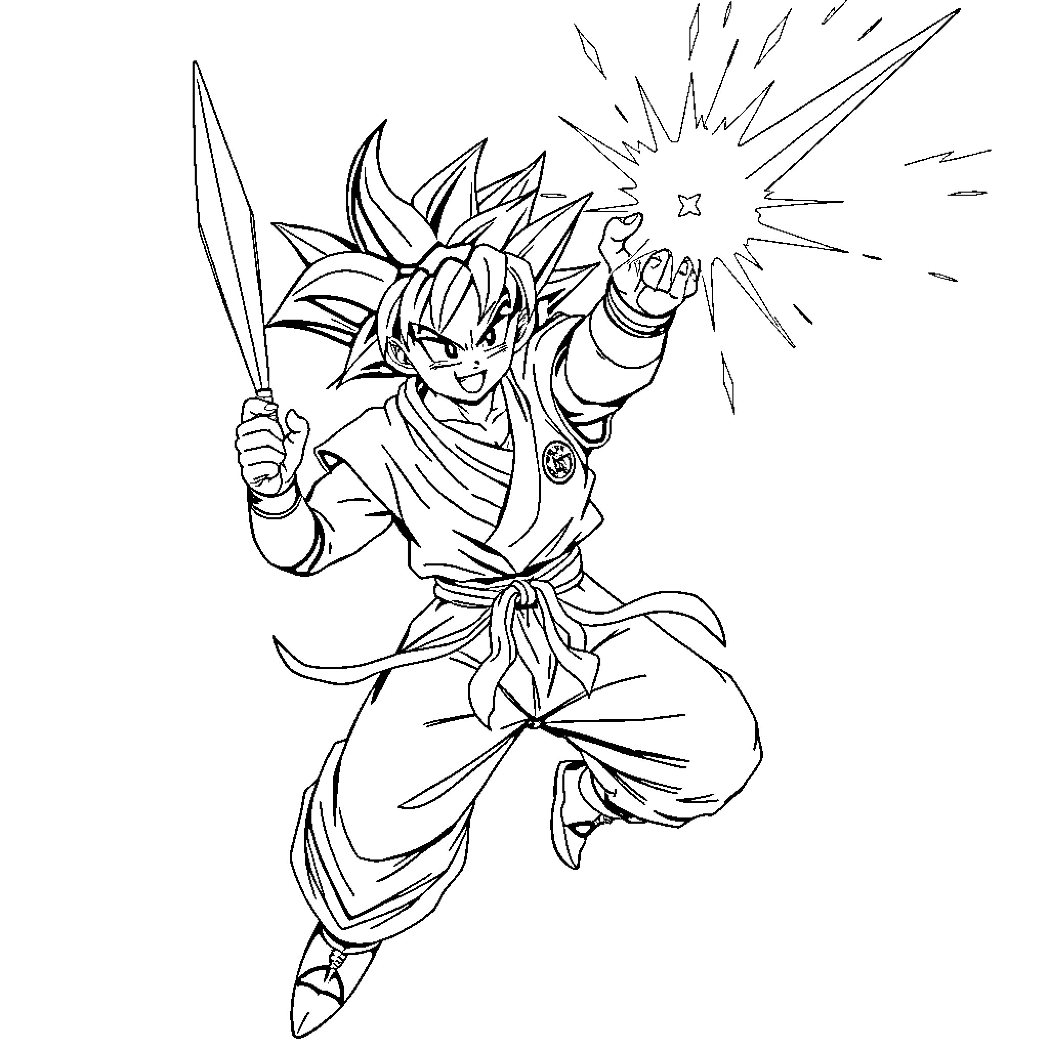 Son Goku in action pose with energy blast Coloring Page (free black-and-white line drawing printable PDF for all, from beginners to advanced learners, including children, teens, adults, and seniors)