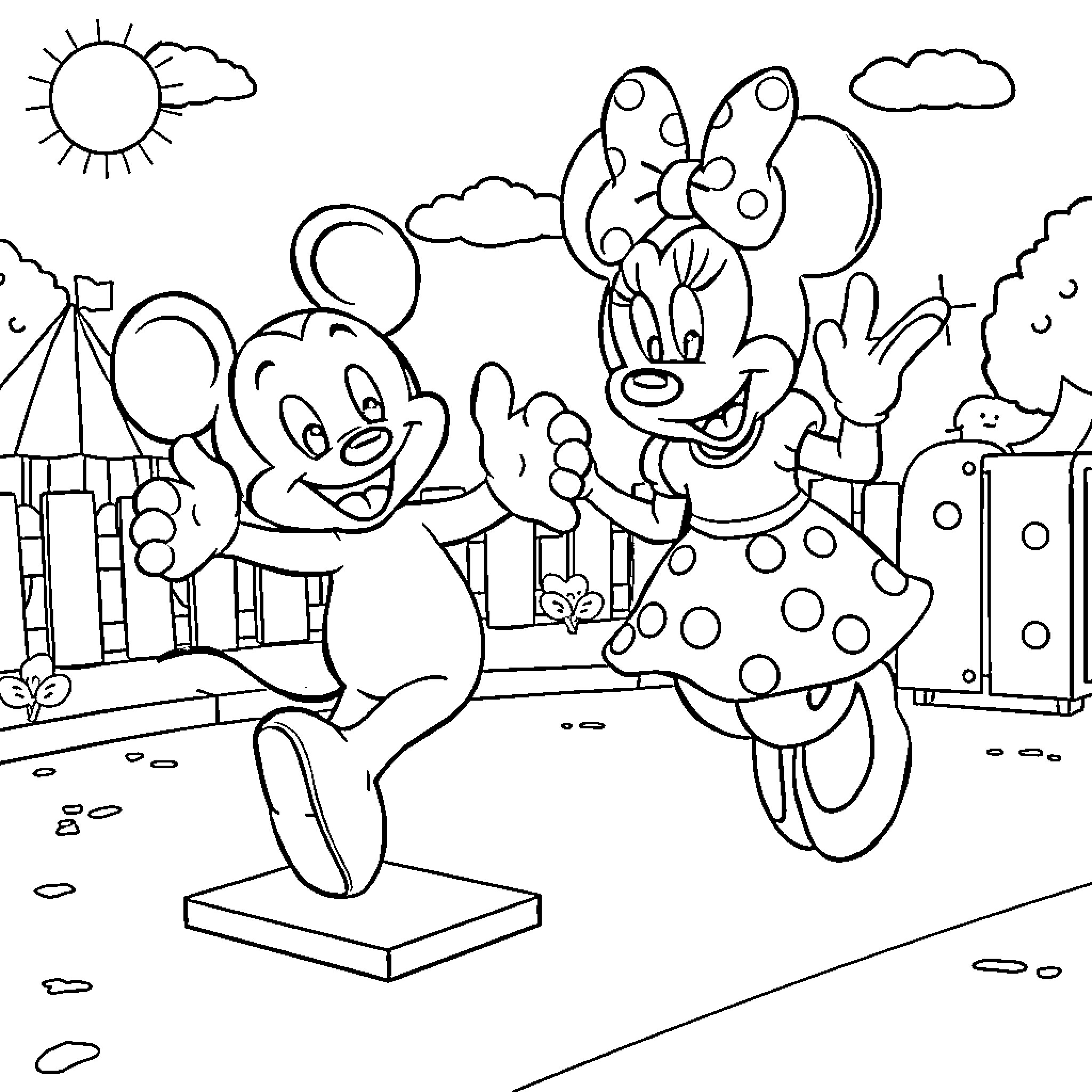 Bluey and Minnie Mouse enjoying a playful day Coloring Page (free black-and-white line drawing printable PDF for all, from beginners to advanced learners, including children, teens, adults, and seniors)