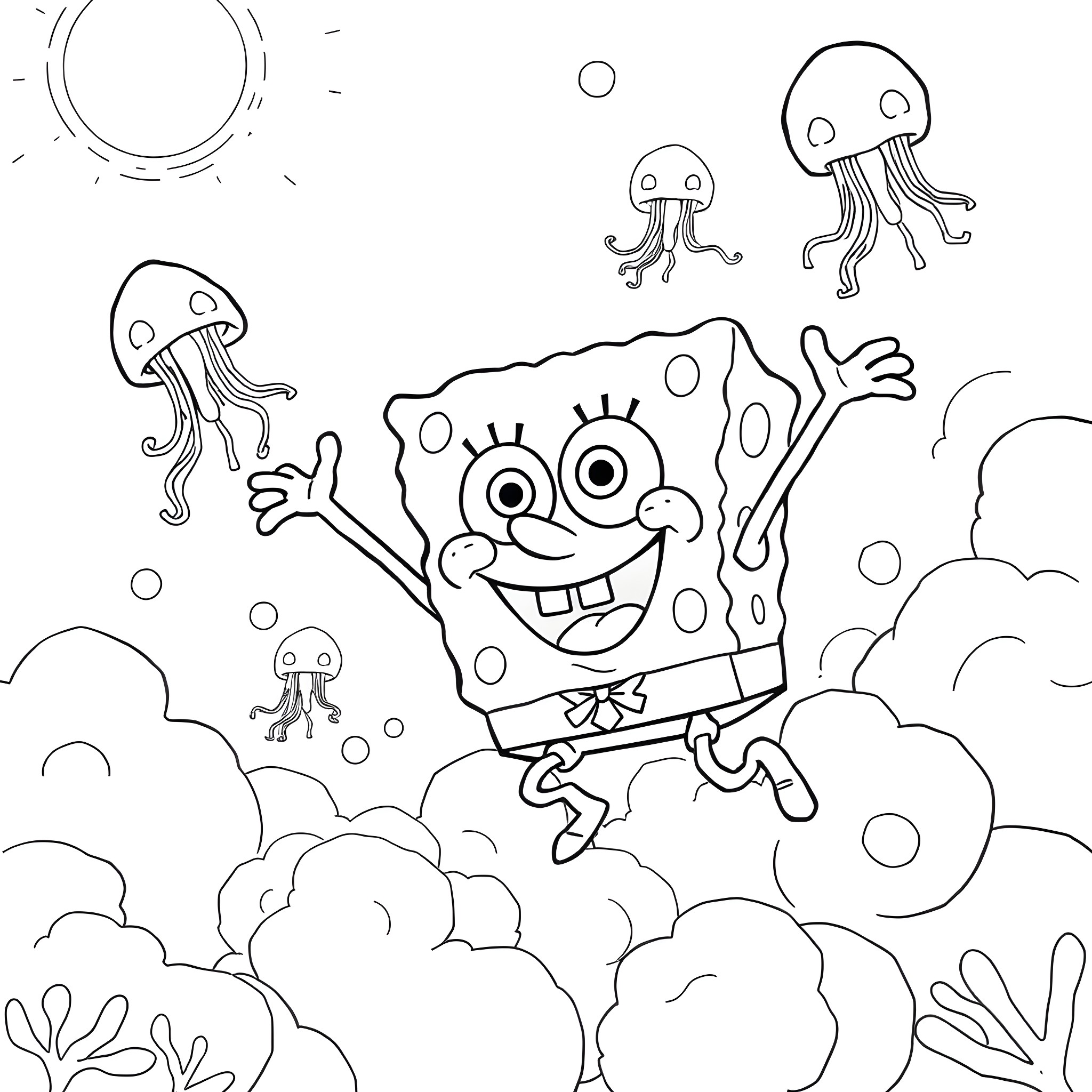 Spongebob jumping joyfully with jellyfish in the ocean Coloring Page (free black-and-white line drawing printable PDF for all, from beginners to advanced learners, including children, teens, adults, and seniors)