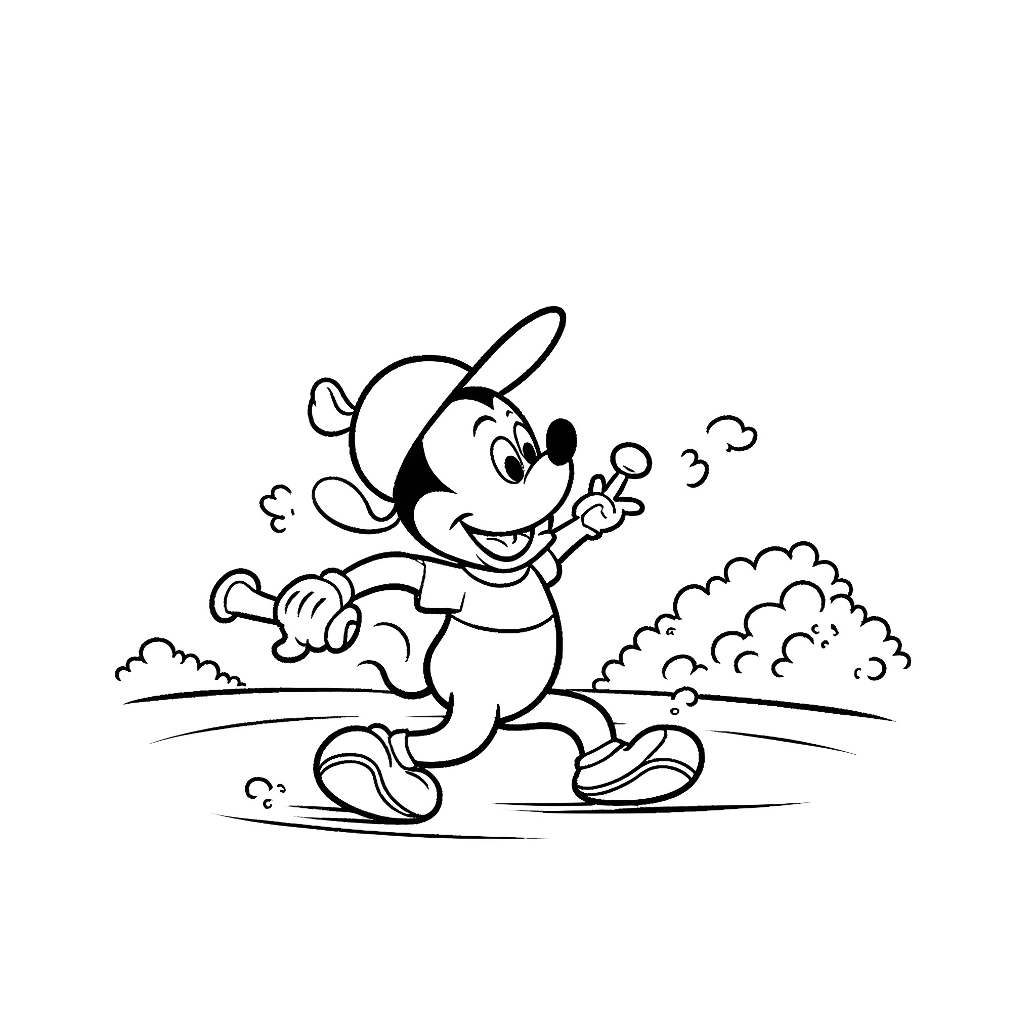 Mickey Mouse running enthusiastically in the outdoors Coloring Page (free black-and-white line drawing printable PDF for all, from beginners to advanced learners, including children, teens, adults, and seniors)