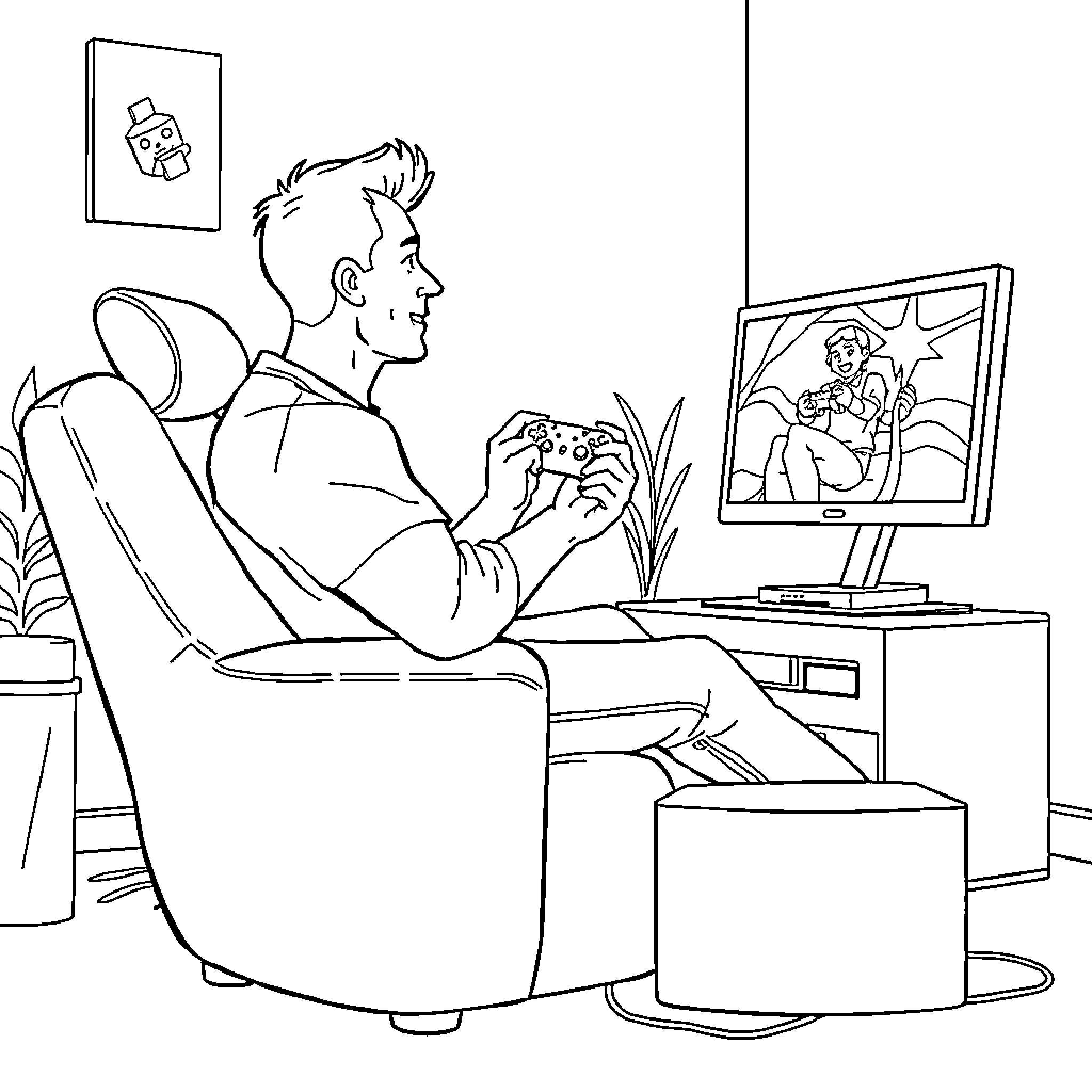 Man playing video game on TV in living room Coloring Page (free black-and-white line drawing printable PDF for all, from beginners to advanced learners, including children, teens, adults, and seniors)