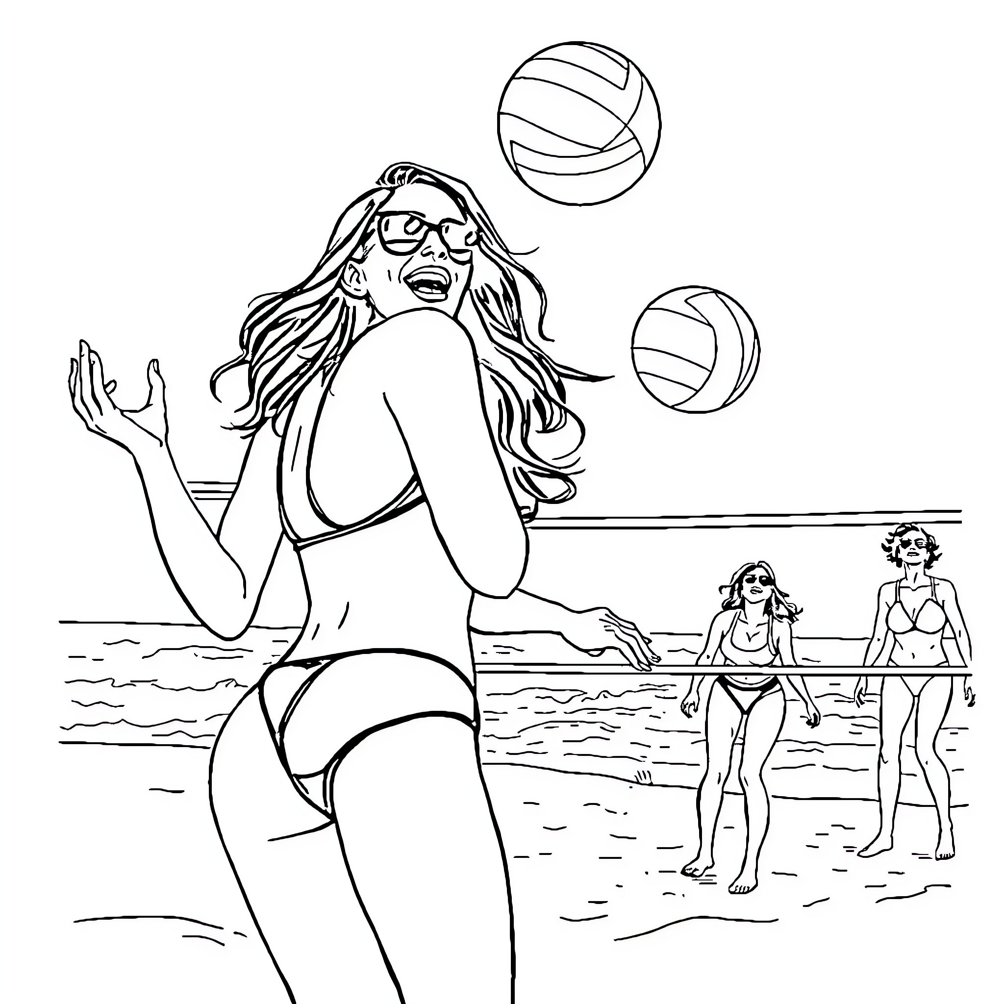 Megan Fox playing volleyball on the beach Coloring Page (free black-and-white line drawing printable PDF for all, from beginners to advanced learners, including children, teens, adults, and seniors)