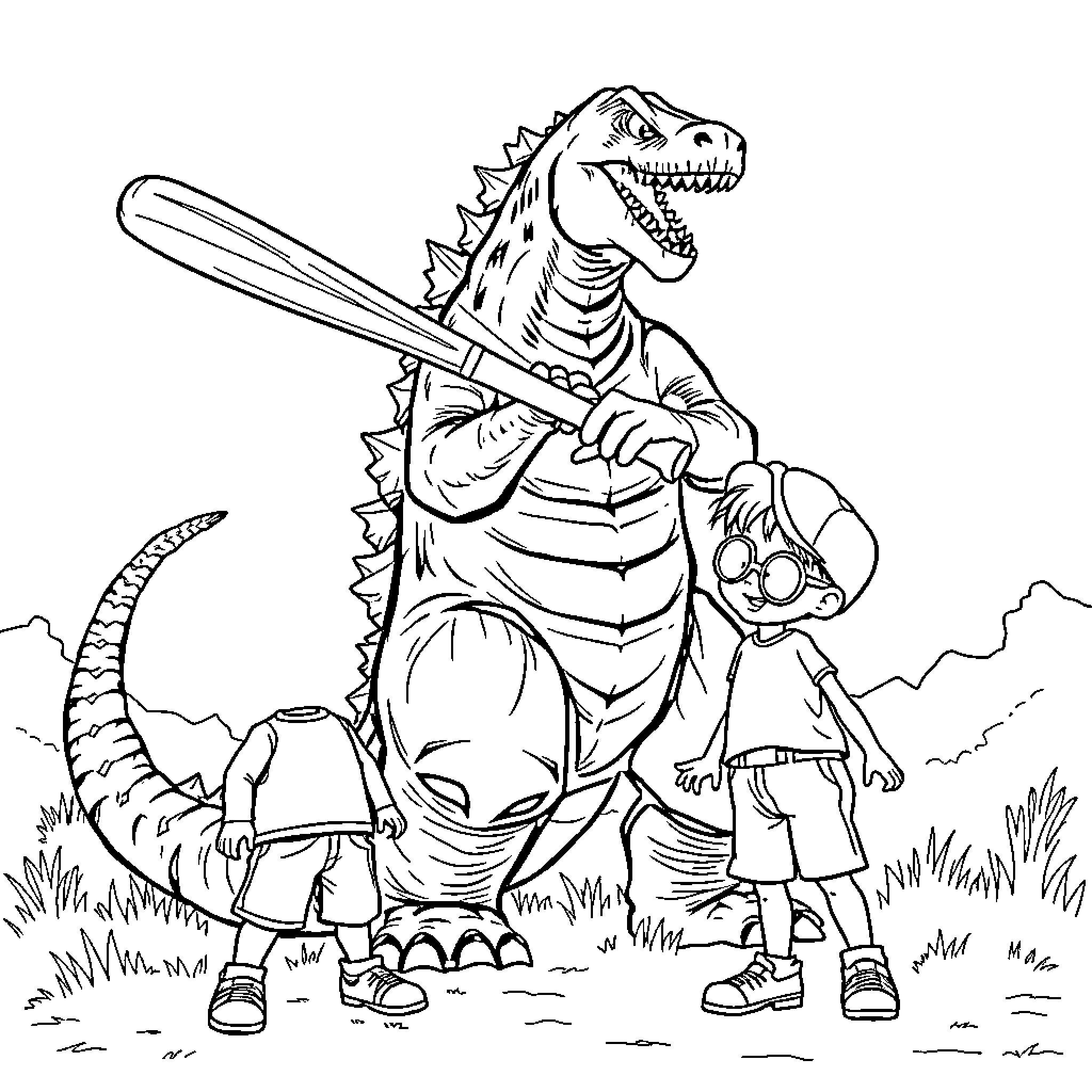 Godzilla Battles with Adventurous Children Coloring Page (free black-and-white line drawing printable PDF for all, from beginners to advanced learners, including children, teens, adults, and seniors)