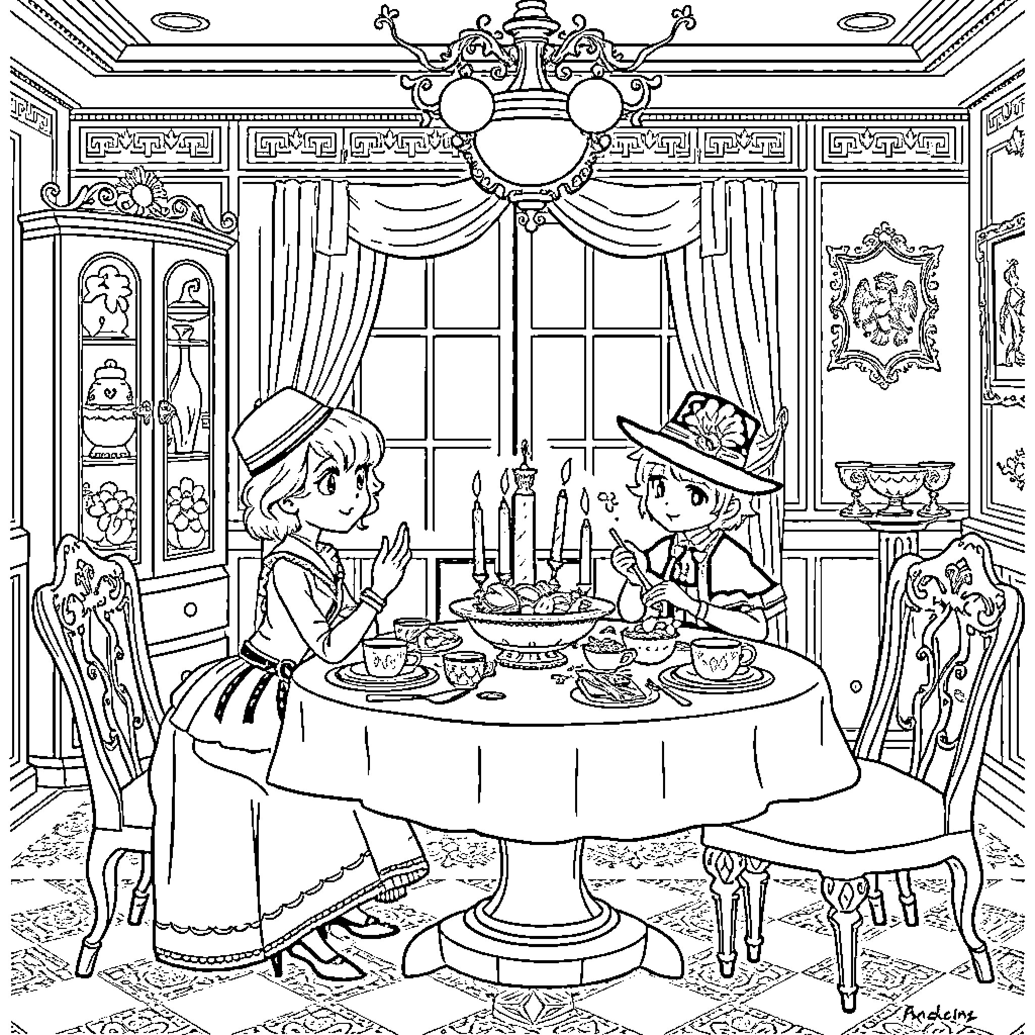 Hygge Character Enjoying Traditional Dining Celebration Coloring Page (free black-and-white line drawing printable PDF for all, from beginners to advanced learners, including children, teens, adults, and seniors)