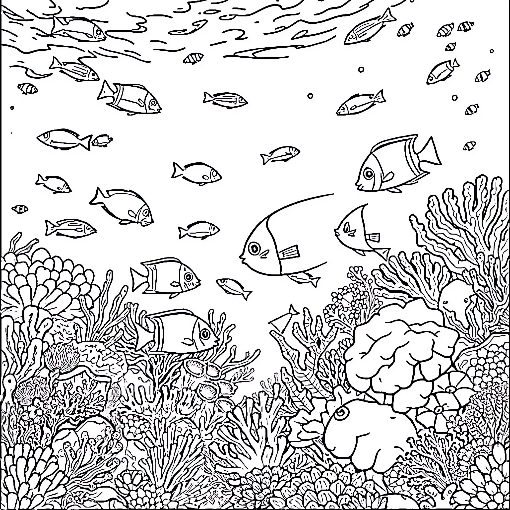 Aquarium with vibrant marine life and coral reef Coloring Page (free black-and-white line drawing printable PDF for all, from beginners to advanced learners, including children, teens, adults, and seniors)