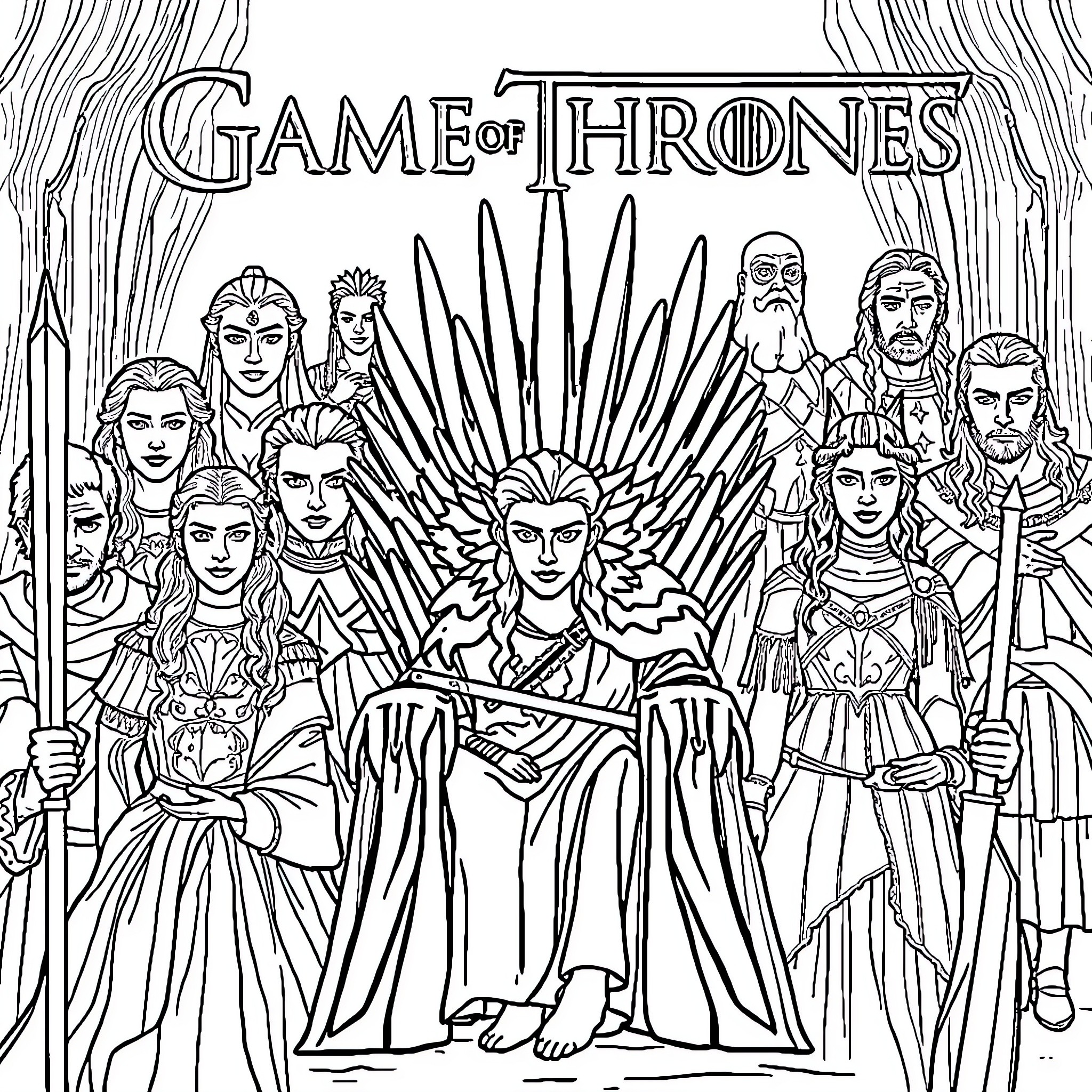 Game of Thrones: Characters in Dramatic Attire and Poses Coloring Page (free black-and-white line drawing printable PDF for all, from beginners to advanced learners, including children, teens, adults, and seniors)
