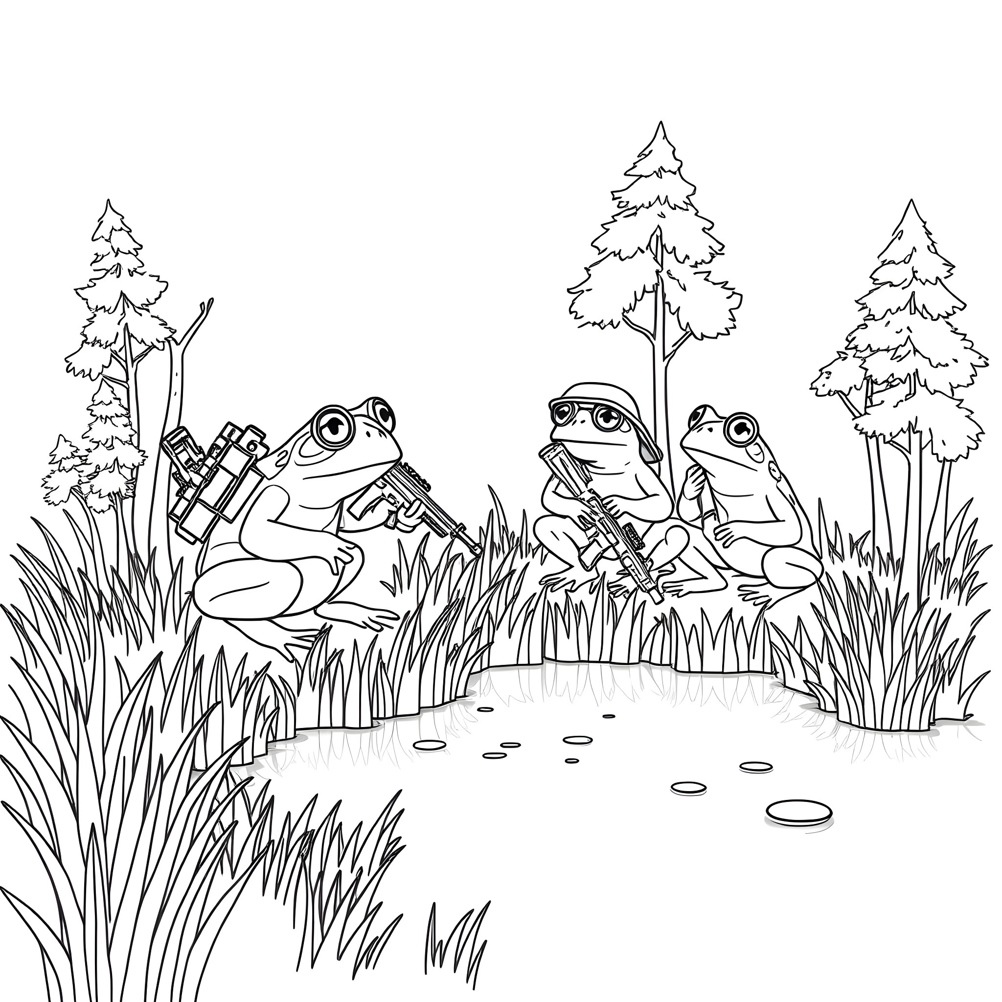Frogs Relaxing in the Tranquil Woodland Coloring Page (free black-and-white line drawing printable PDF for all, from beginners to advanced learners, including children, teens, adults, and seniors)