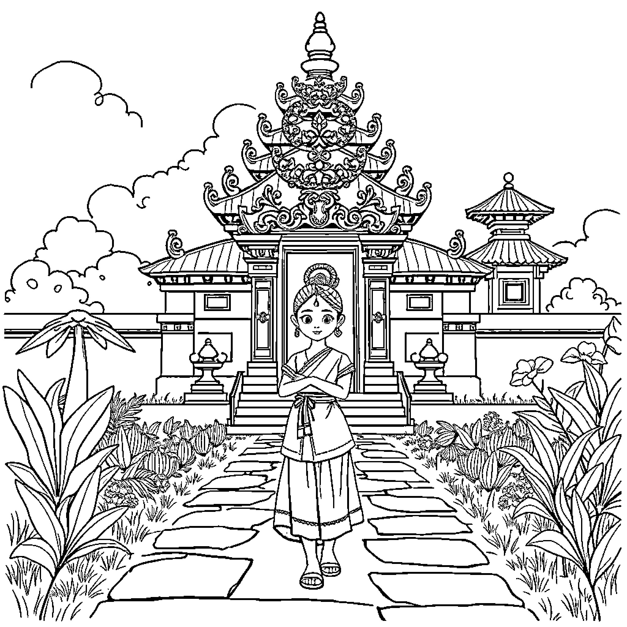 Girl exploring the ornate temple garden Coloring Page (free black-and-white line drawing printable PDF for all, from beginners to advanced learners, including children, teens, adults, and seniors)