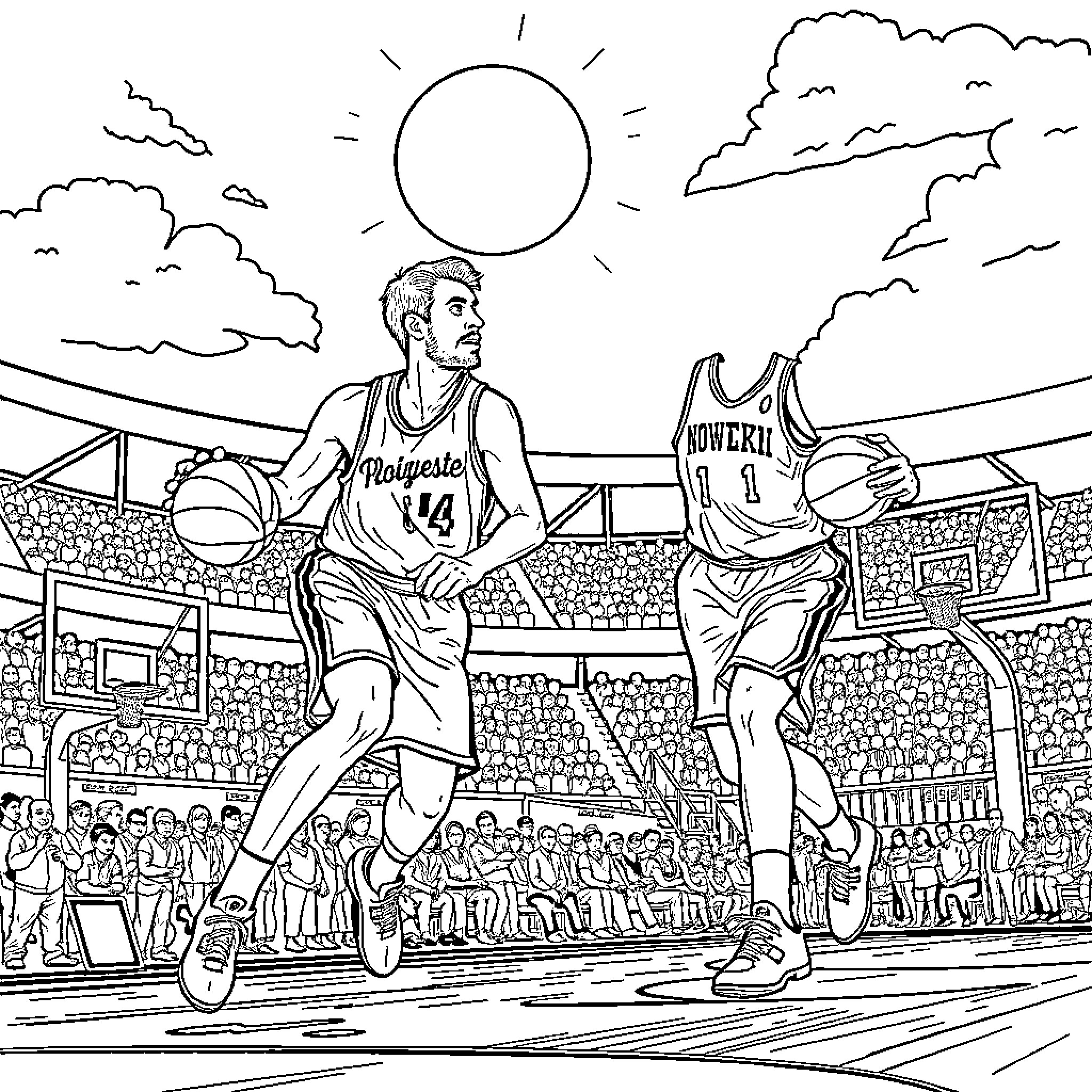Steve Nash playing basketball in a basketball game Coloring Page (free black-and-white line drawing printable PDF for all, from beginners to advanced learners, including children, teens, adults, and seniors)