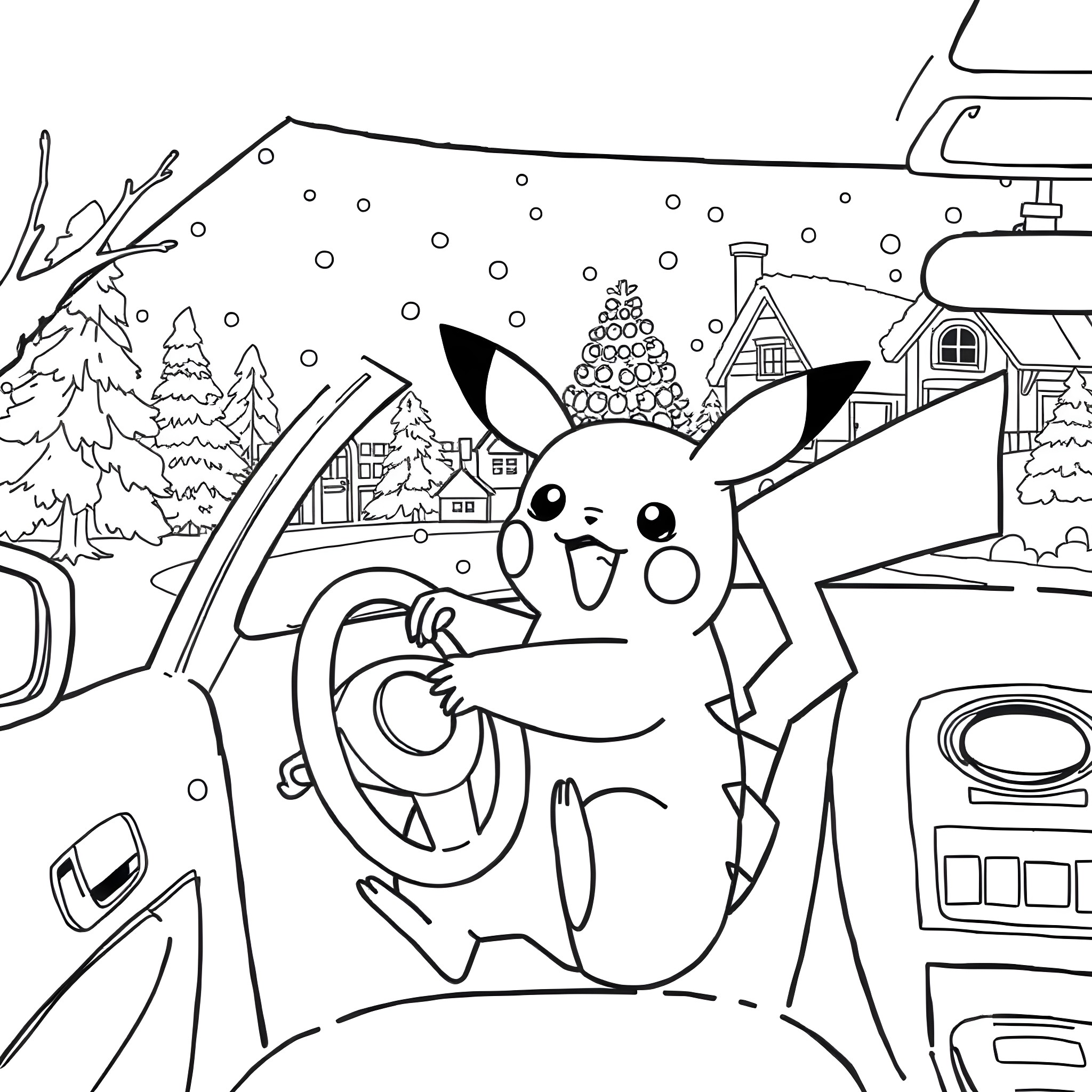 Pikachu enjoying a snowy winter scene Coloring Page (free black-and-white line drawing printable PDF for all, from beginners to advanced learners, including children, teens, adults, and seniors)
