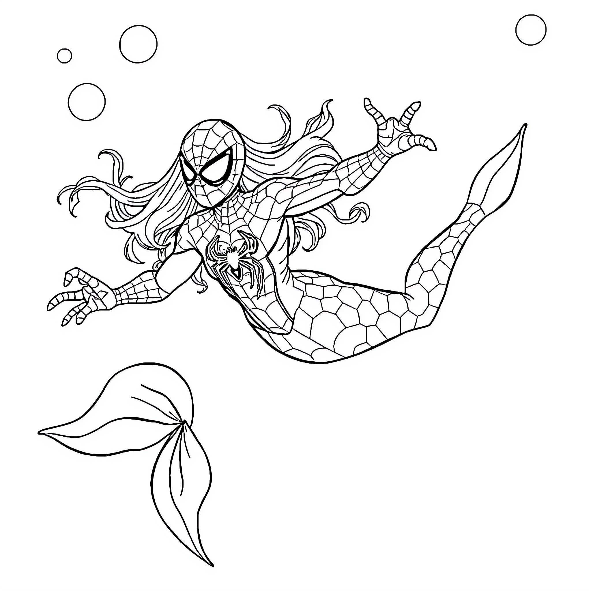 Spiderman swimming underwater with fish Coloring Page (free black-and-white line drawing printable PDF for all, from beginners to advanced learners, including children, teens, adults, and seniors)