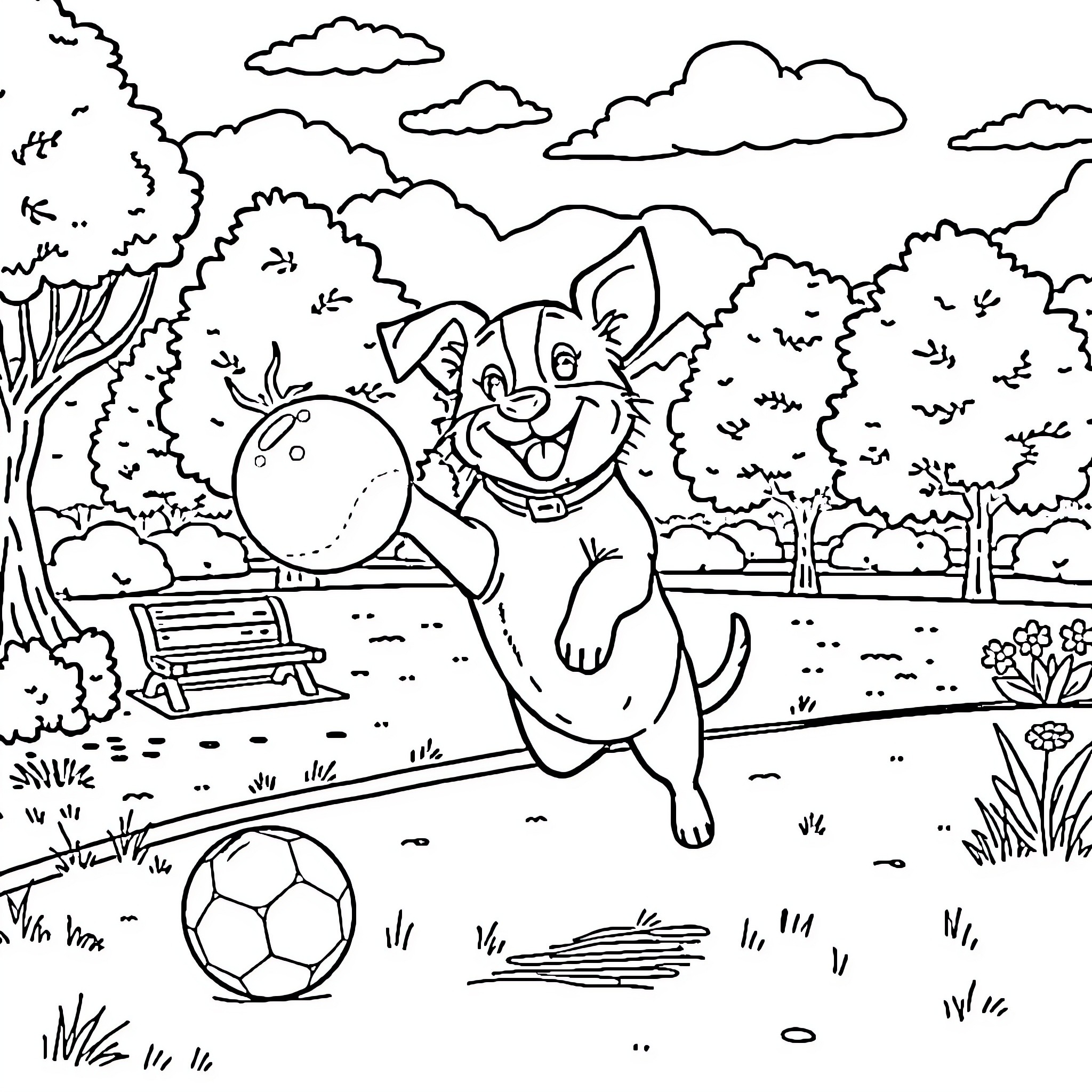 Dog playing joyfully with ball in park Coloring Page (free black-and-white line drawing printable PDF for all, from beginners to advanced learners, including children, teens, adults, and seniors)