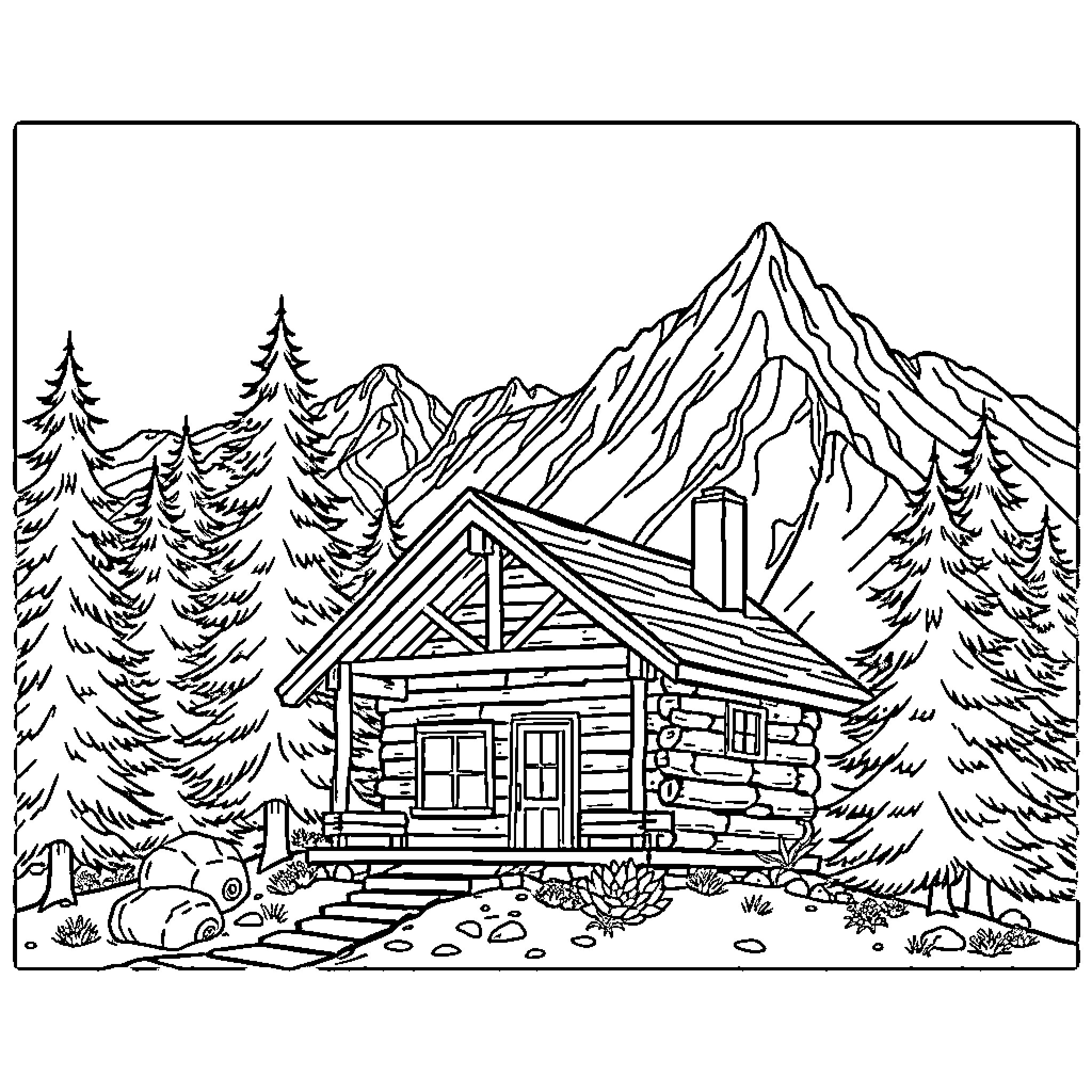 Cabin in the Scenic Mountainous Landscape Coloring Page (free black-and-white line drawing printable PDF for all, from beginners to advanced learners, including children, teens, adults, and seniors)