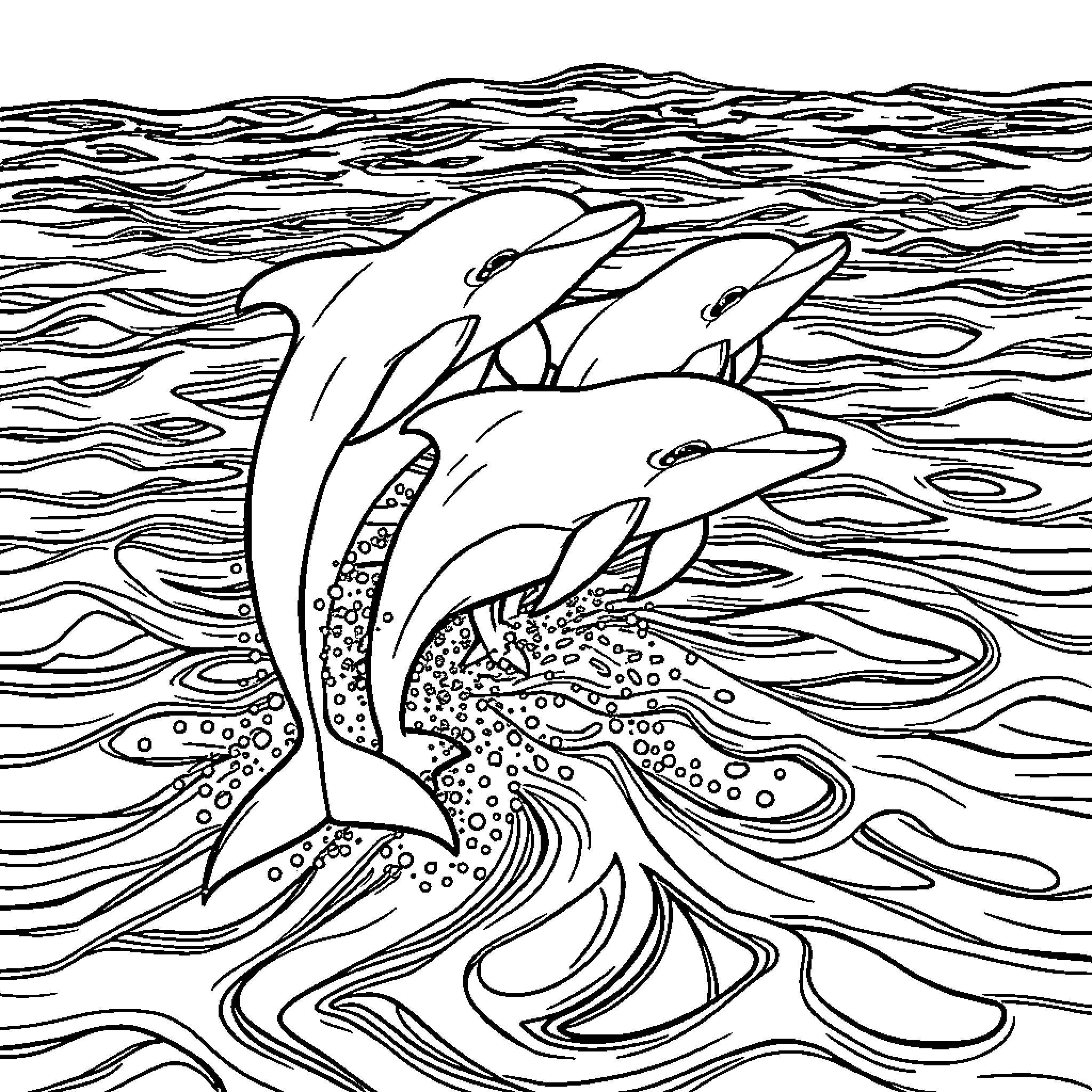 Dolphin pod frolicking in the waves Coloring Page (free black-and-white line drawing printable PDF for all, from beginners to advanced learners, including children, teens, adults, and seniors)