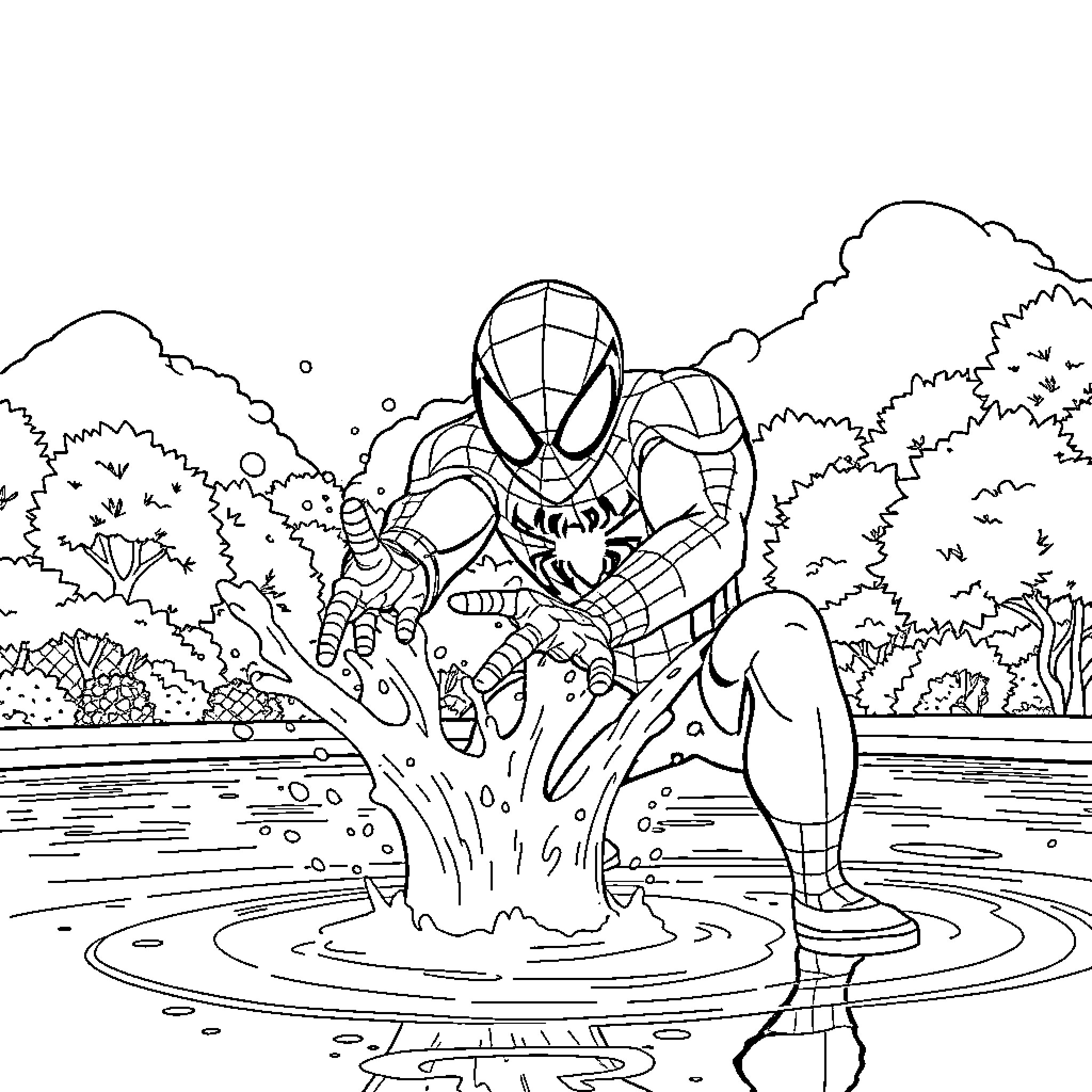 Spiderman swinging through the forest and splashing in water Coloring Page (free black-and-white line drawing printable PDF for all, from beginners to advanced learners, including children, teens, adults, and seniors)