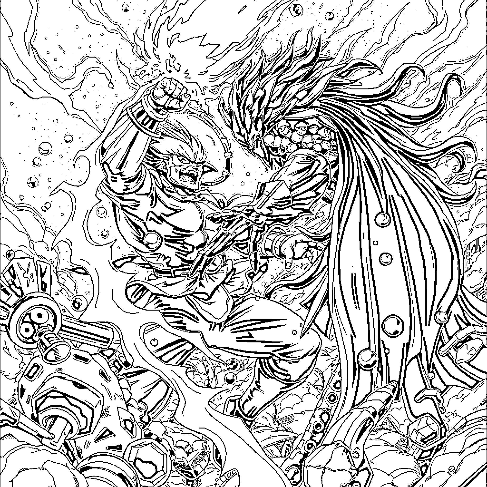 Gojo's Powerful Confrontation in the Surreal Realm Coloring Page (free black-and-white line drawing printable PDF for all, from beginners to advanced learners, including children, teens, adults, and seniors)