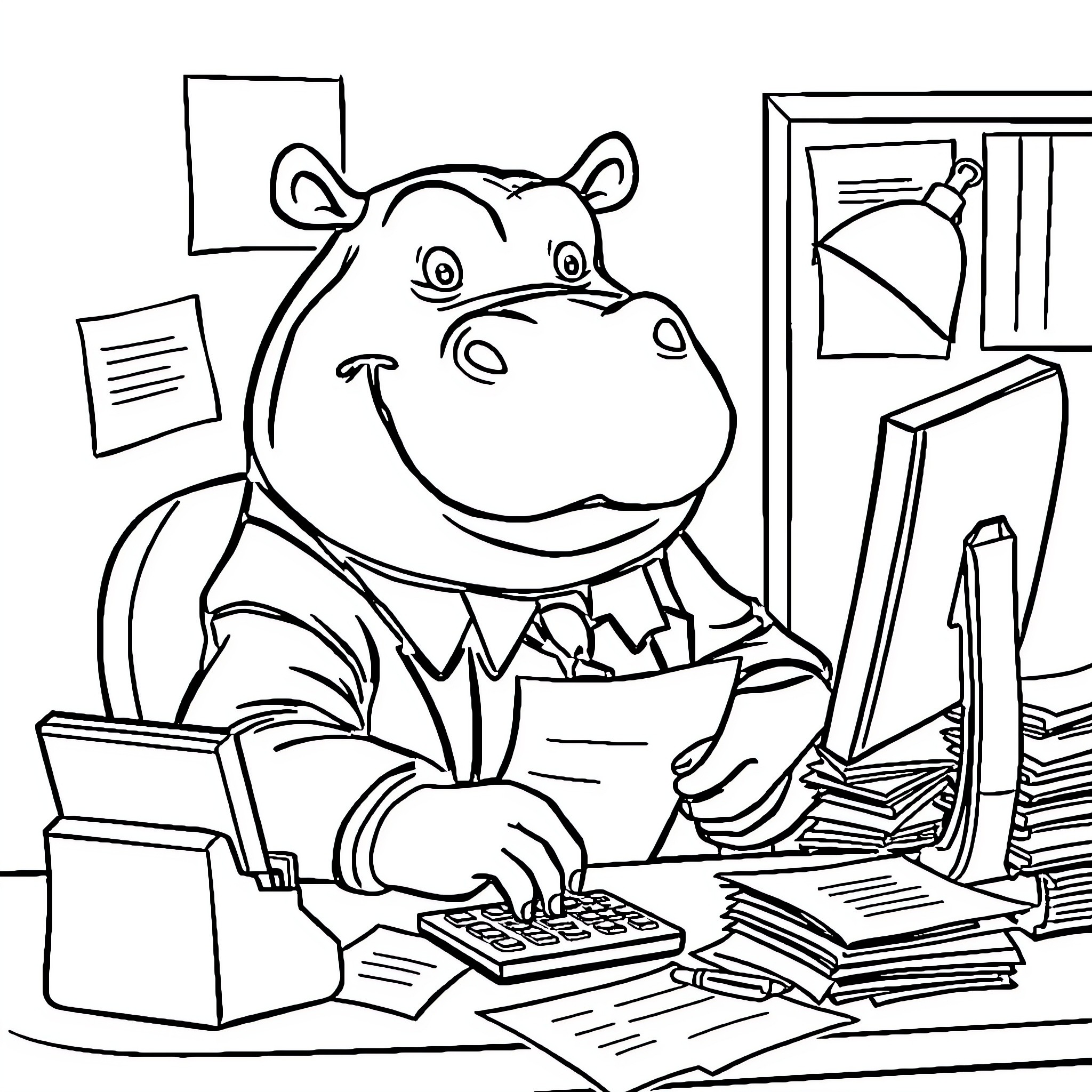 Hippo working diligently at office desk Coloring Page (free black-and-white line drawing printable PDF for all, from beginners to advanced learners, including children, teens, adults, and seniors)