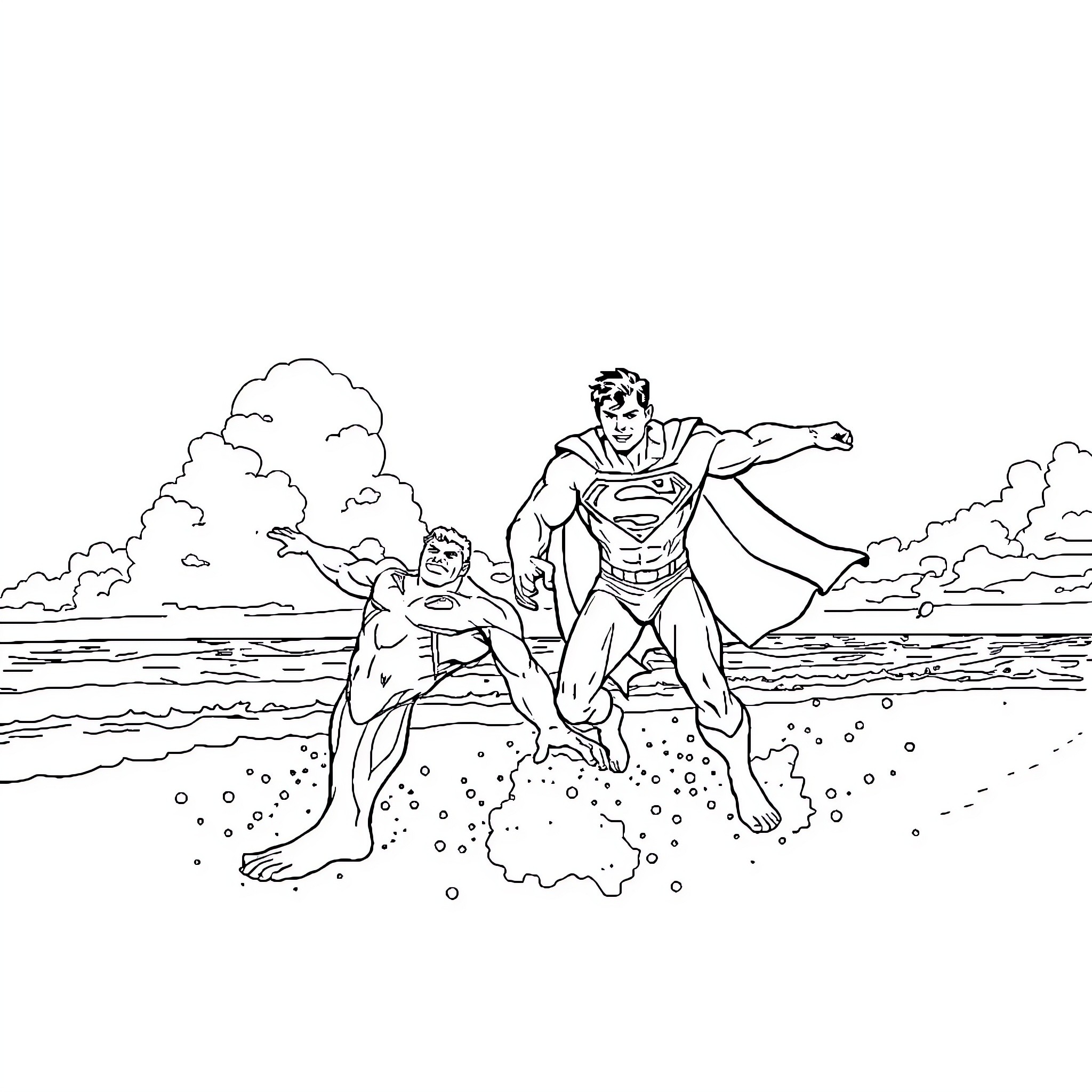 Hulk and Superman battling on the beach Coloring Page (free black-and-white line drawing printable PDF for all, from beginners to advanced learners, including children, teens, adults, and seniors)