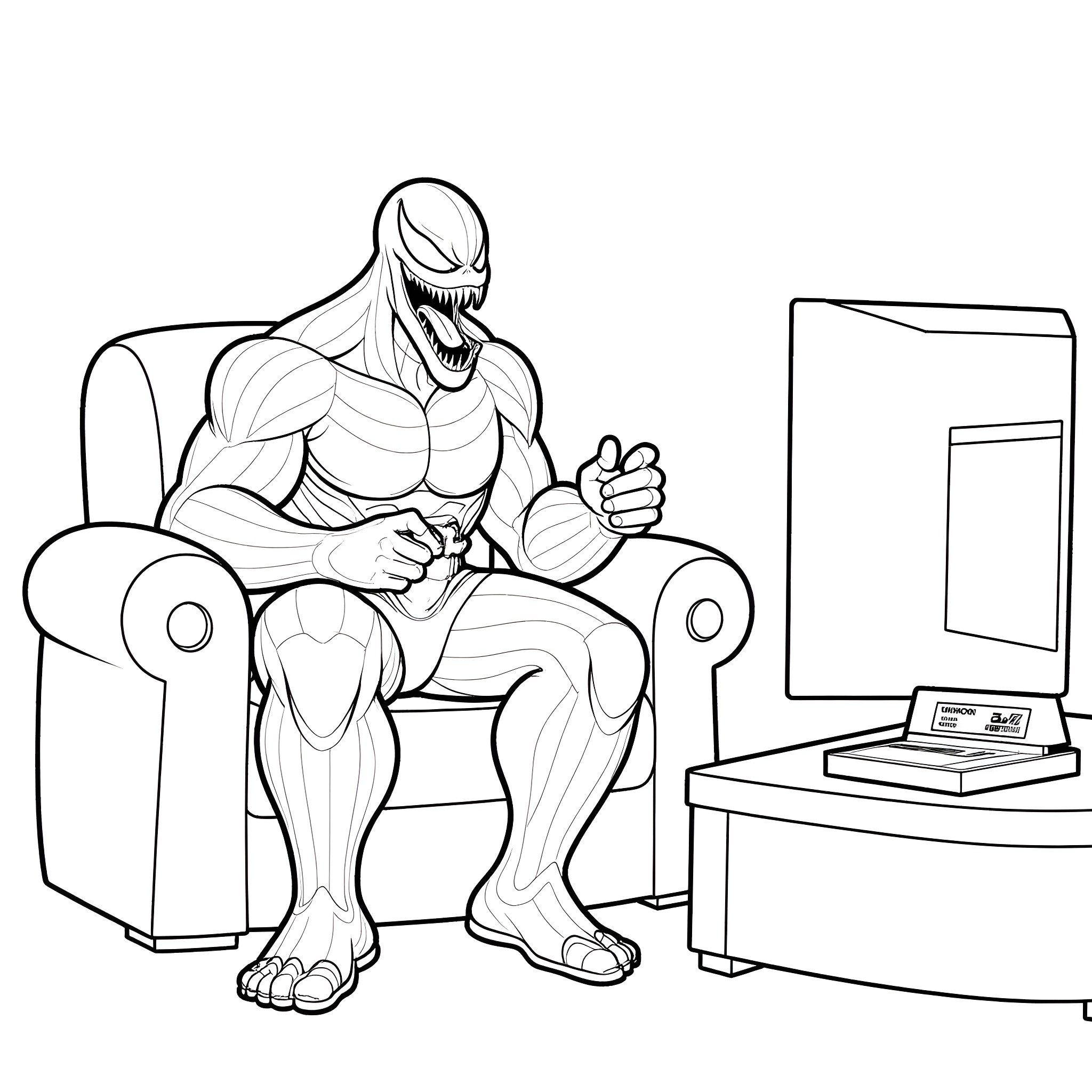 Venom character menacingly relaxing on a couch Coloring Page (free black-and-white line drawing printable PDF for all, from beginners to advanced learners, including children, teens, adults, and seniors)