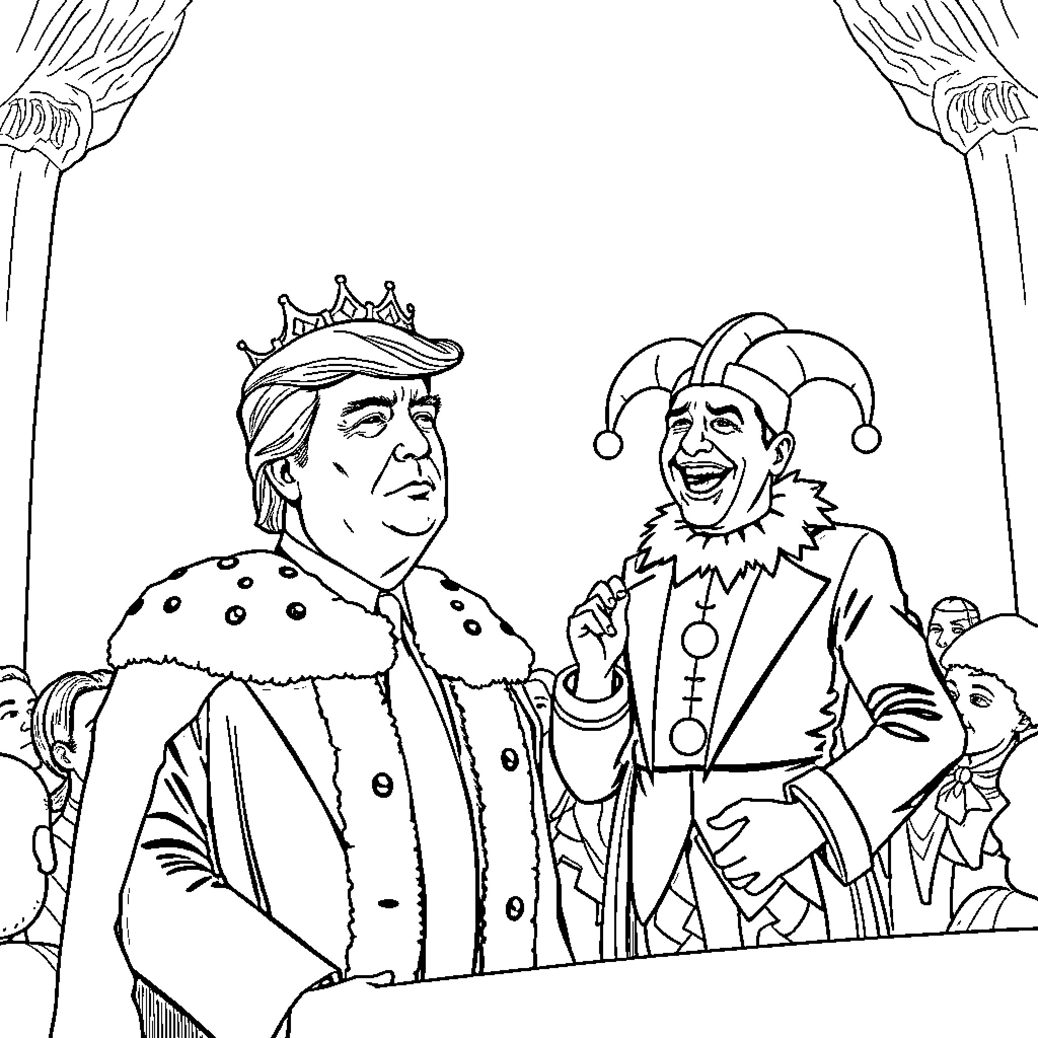 Trump and Jester Protagonists in a Royal Court Scene Coloring Page (free black-and-white line drawing printable PDF for all, from beginners to advanced learners, including children, teens, adults, and seniors)