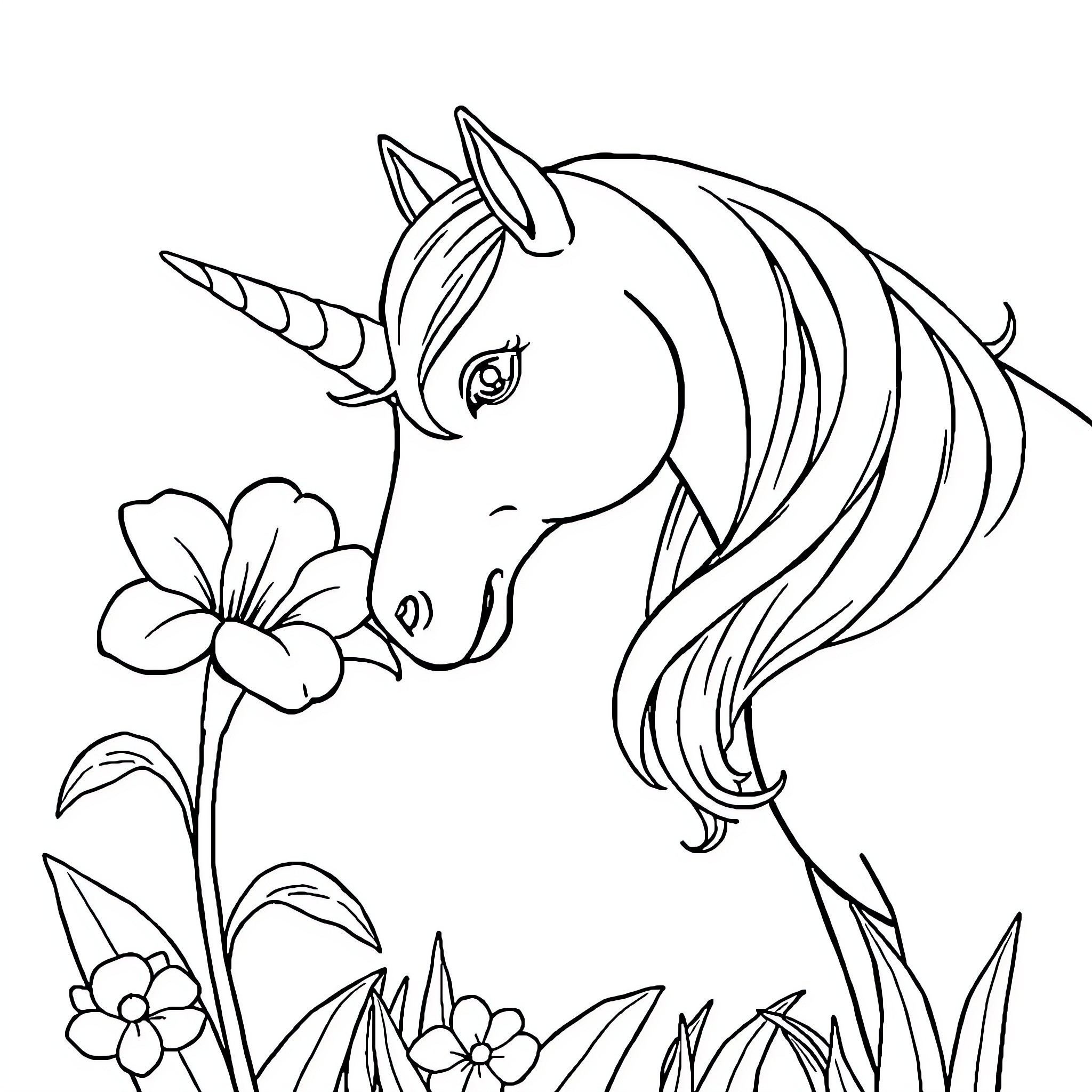 Unicorn with Flowers in a Meadow Coloring Page (free black-and-white line drawing printable PDF for all, from beginners to advanced learners, including children, teens, adults, and seniors)