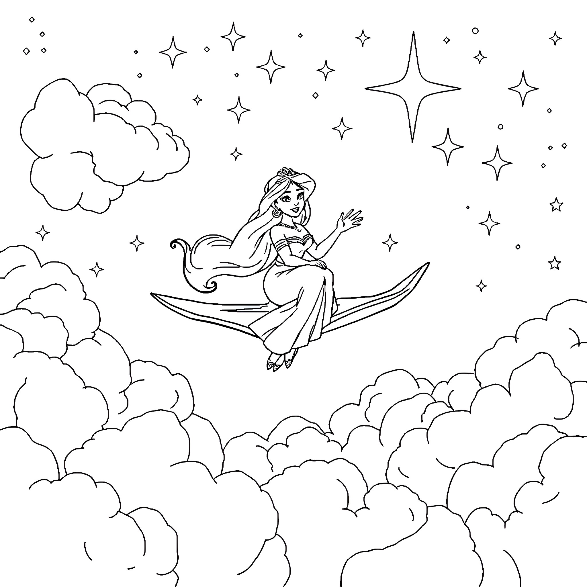 Princess riding a magic carpet in the starry sky Coloring Page (free black-and-white line drawing printable PDF for all, from beginners to advanced learners, including children, teens, adults, and seniors)