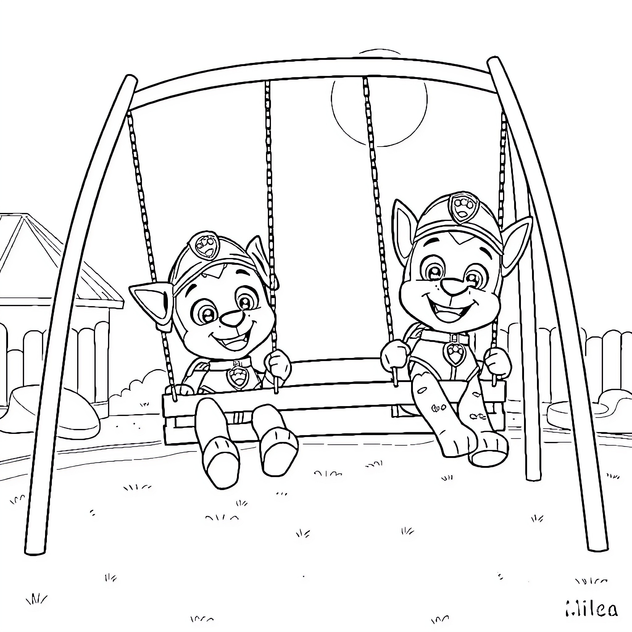 Riders enjoying swings in the park Coloring Page (free black-and-white line drawing printable PDF for all, from beginners to advanced learners, including children, teens, adults, and seniors)