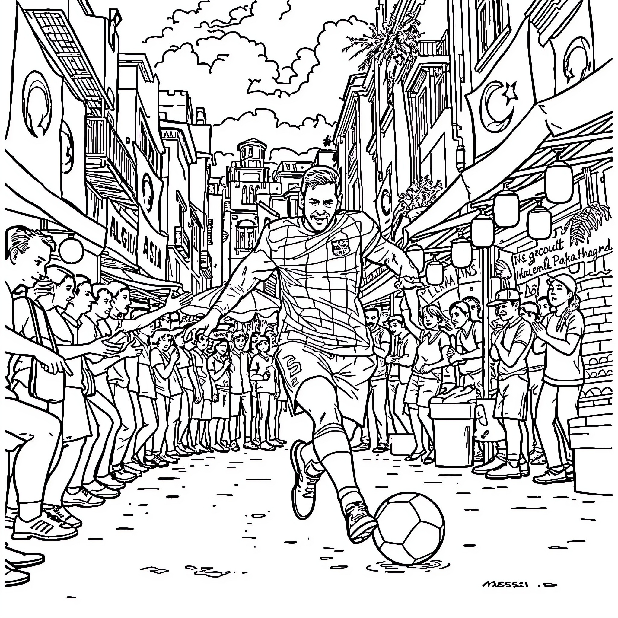 Lionel Messi playing football in the city street Coloring Page (free black-and-white line drawing printable PDF for all, from beginners to advanced learners, including children, teens, adults, and seniors)