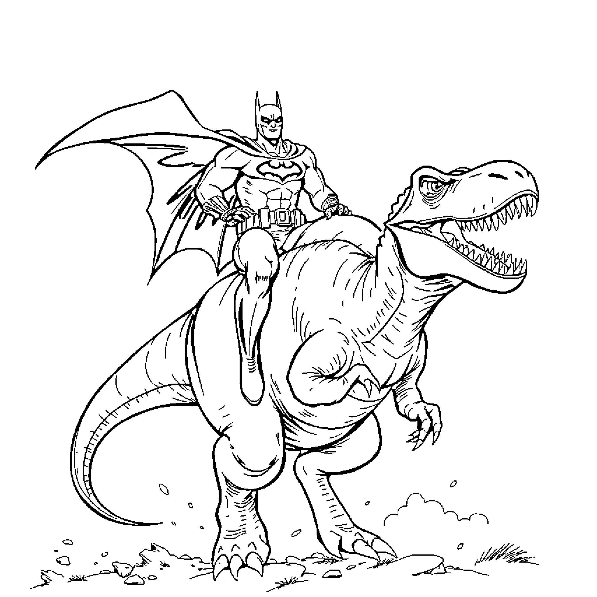 Batman riding a ferocious dinosaur Coloring Page (free black-and-white line drawing printable PDF for all, from beginners to advanced learners, including children, teens, adults, and seniors)