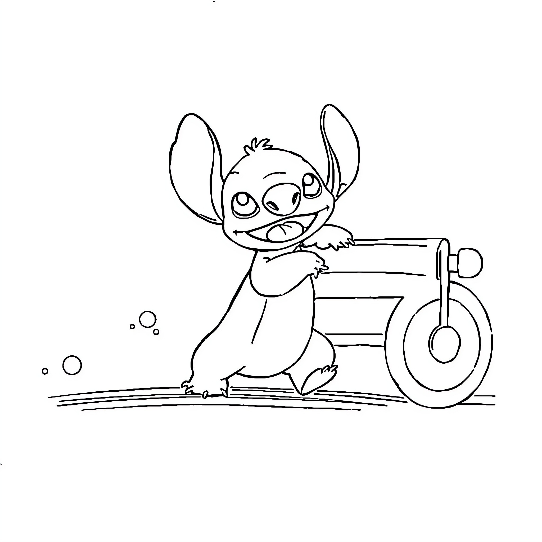 Stitch playing with a toy wagon Coloring Page (free black-and-white line drawing printable PDF for all, from beginners to advanced learners, including children, teens, adults, and seniors)