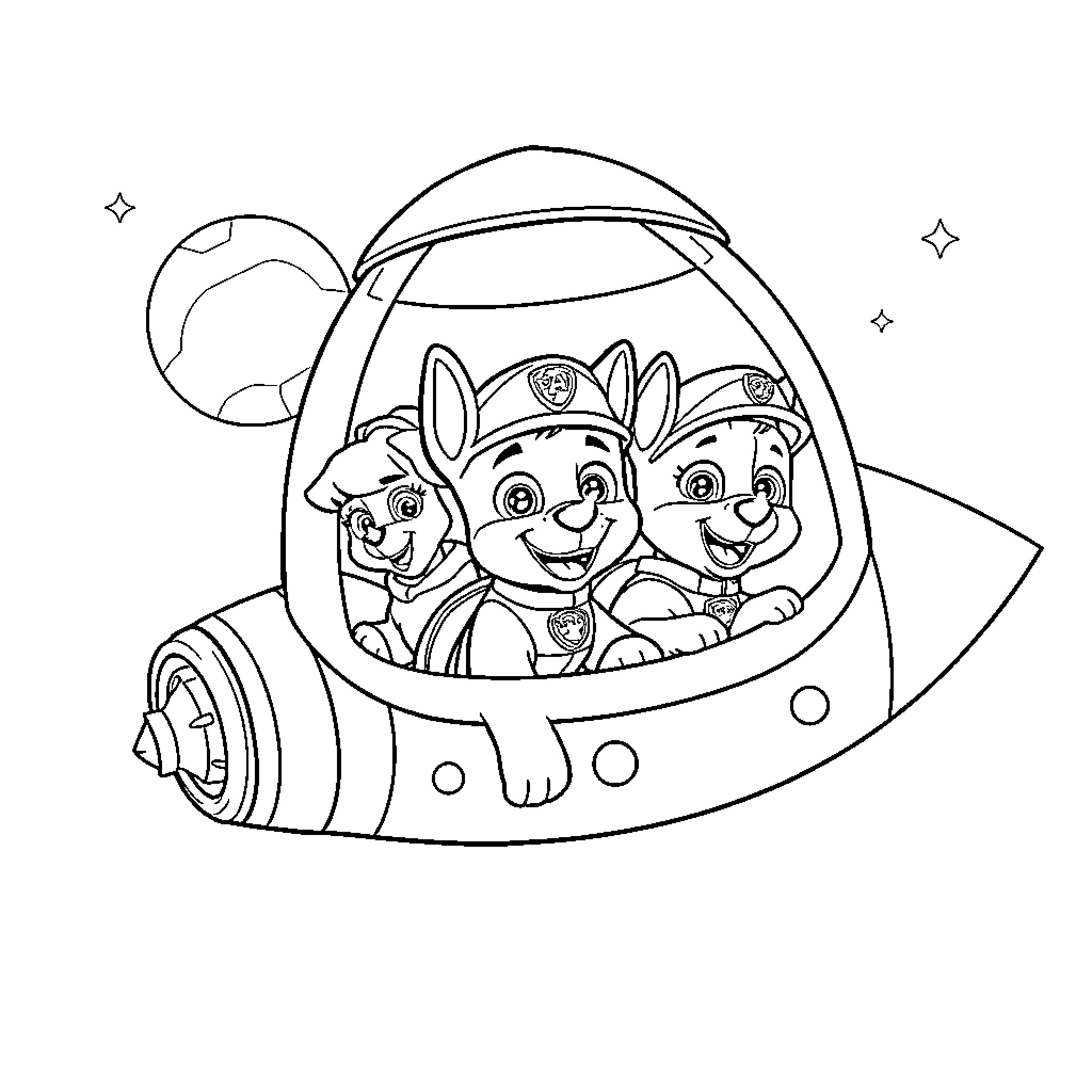 Paw Patrol pups in spaceship with stars Coloring Page (free black-and-white line drawing printable PDF for all, from beginners to advanced learners, including children, teens, adults, and seniors)
