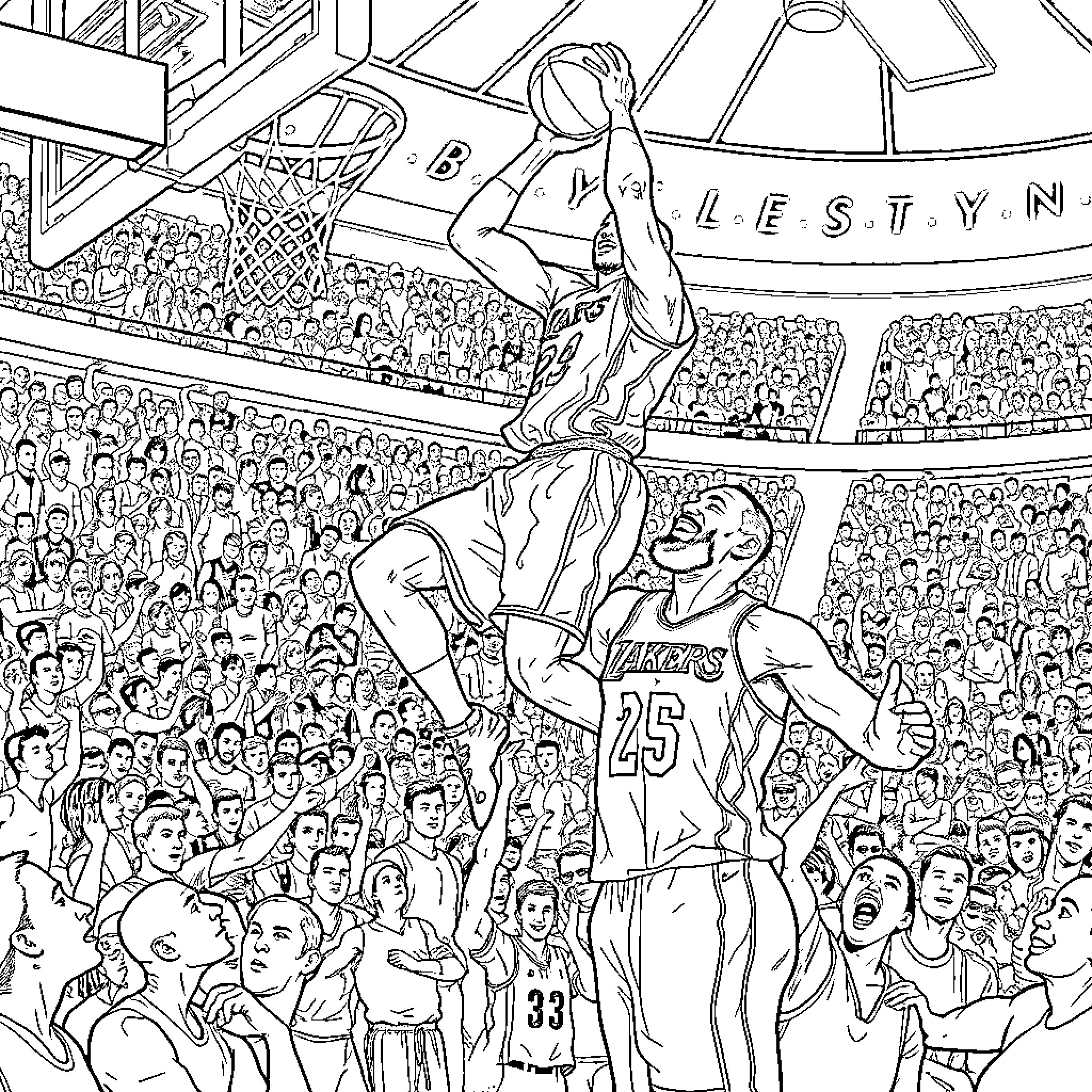 Kobe Bryant's Iconic Basketball Moment in the Arena Coloring Page (free black-and-white line drawing printable PDF for all, from beginners to advanced learners, including children, teens, adults, and seniors)